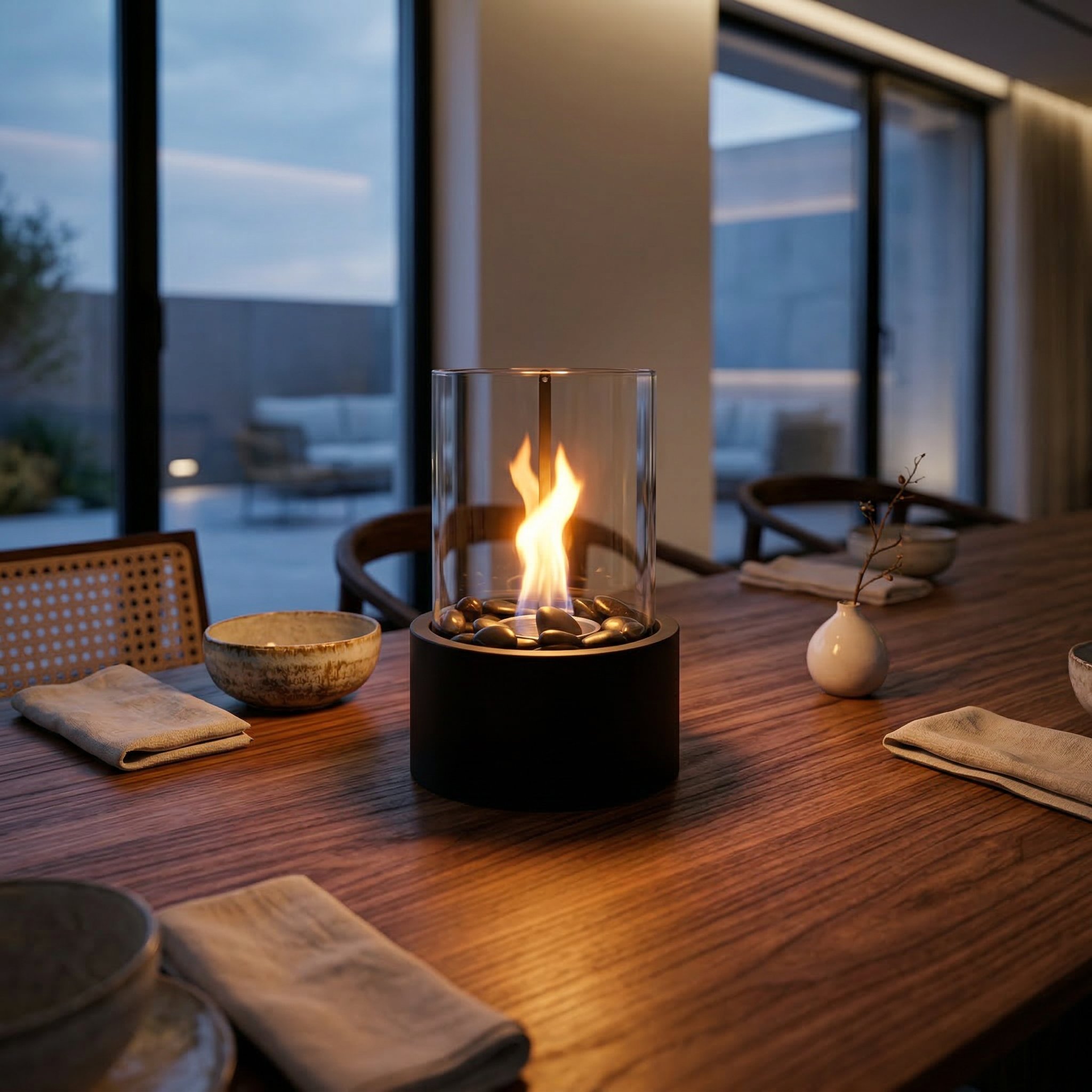Tischkamin Rund Schwarz brennt abends auf einer Terrasse mit Stadtblick