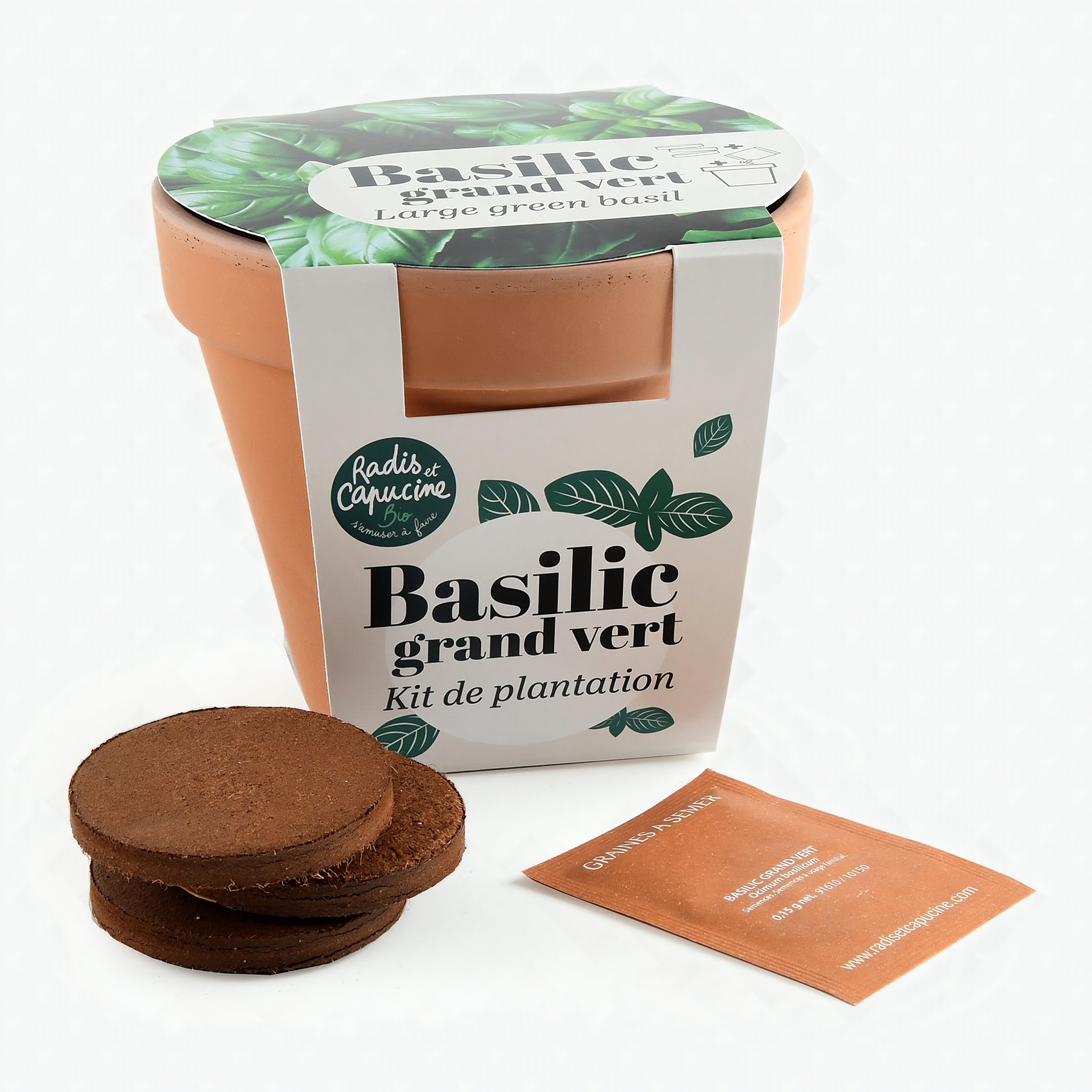 Basilikum Anzuchtset Inhalt – Terrakotta-Topf, drei Kokoserde-Pastillen und Bio-Samen-Tütchen