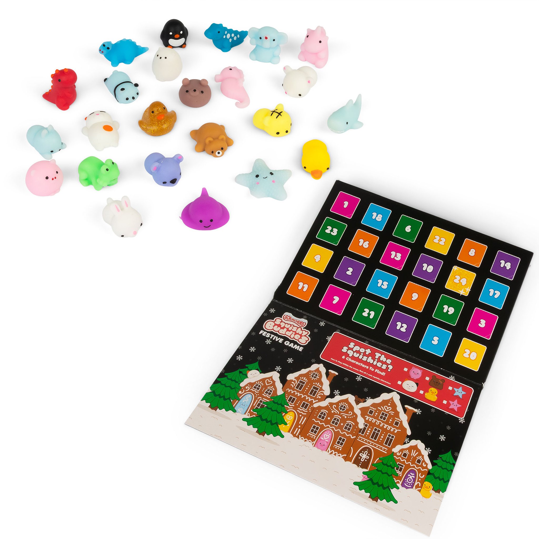 Alle 24 Mini-Squishies neben dem aufgeklappten Adventskalender mit dem Suchspiel