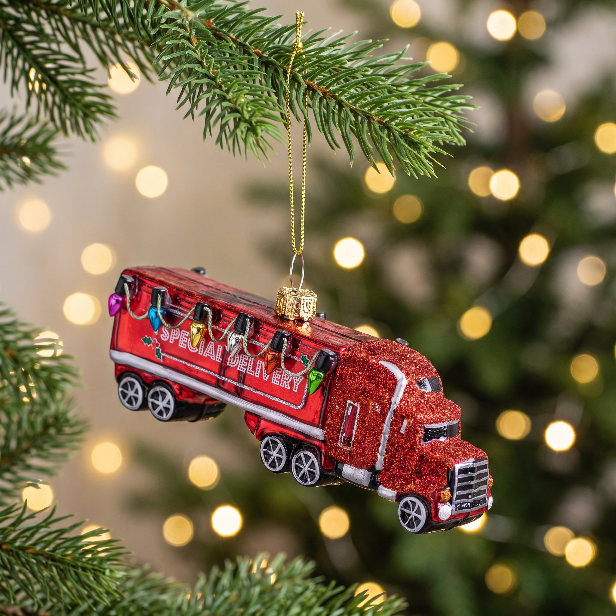 Roter Lastwagen aus Glas hängt an einem Tannenzweig vor funkelnden Lichtern