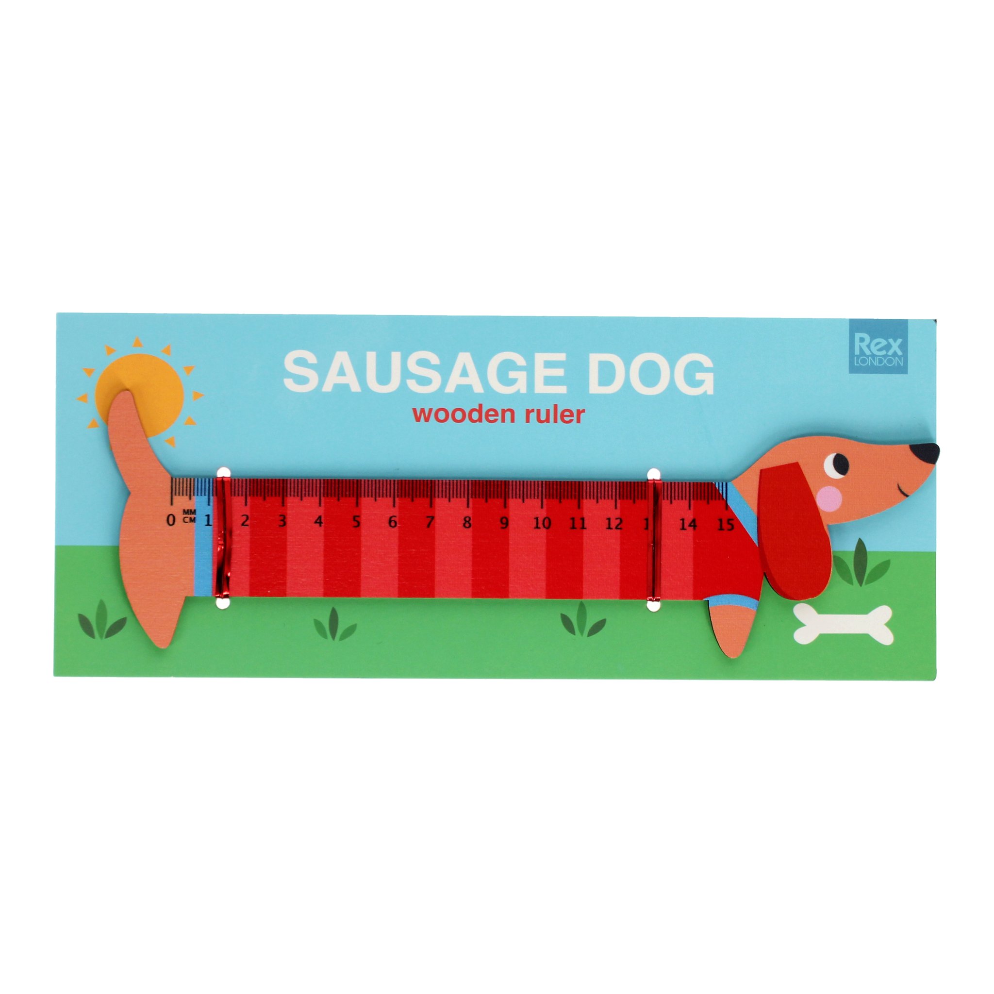 Righello bassotto in legno sulla cartolina turchese «Sausage Dog wooden ruler»
