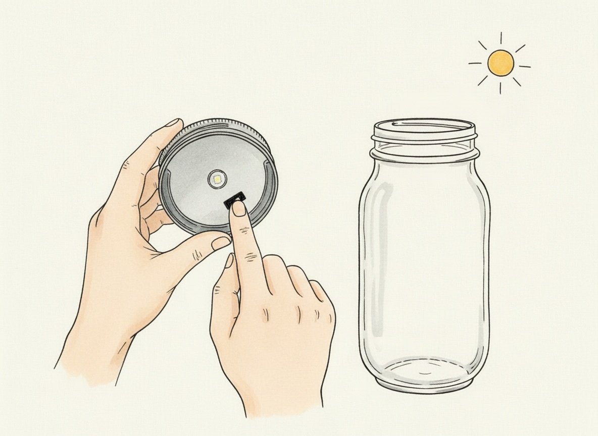 Sketch: hands holding the unscrewed solar lid, a finger pressing the switch on the underside