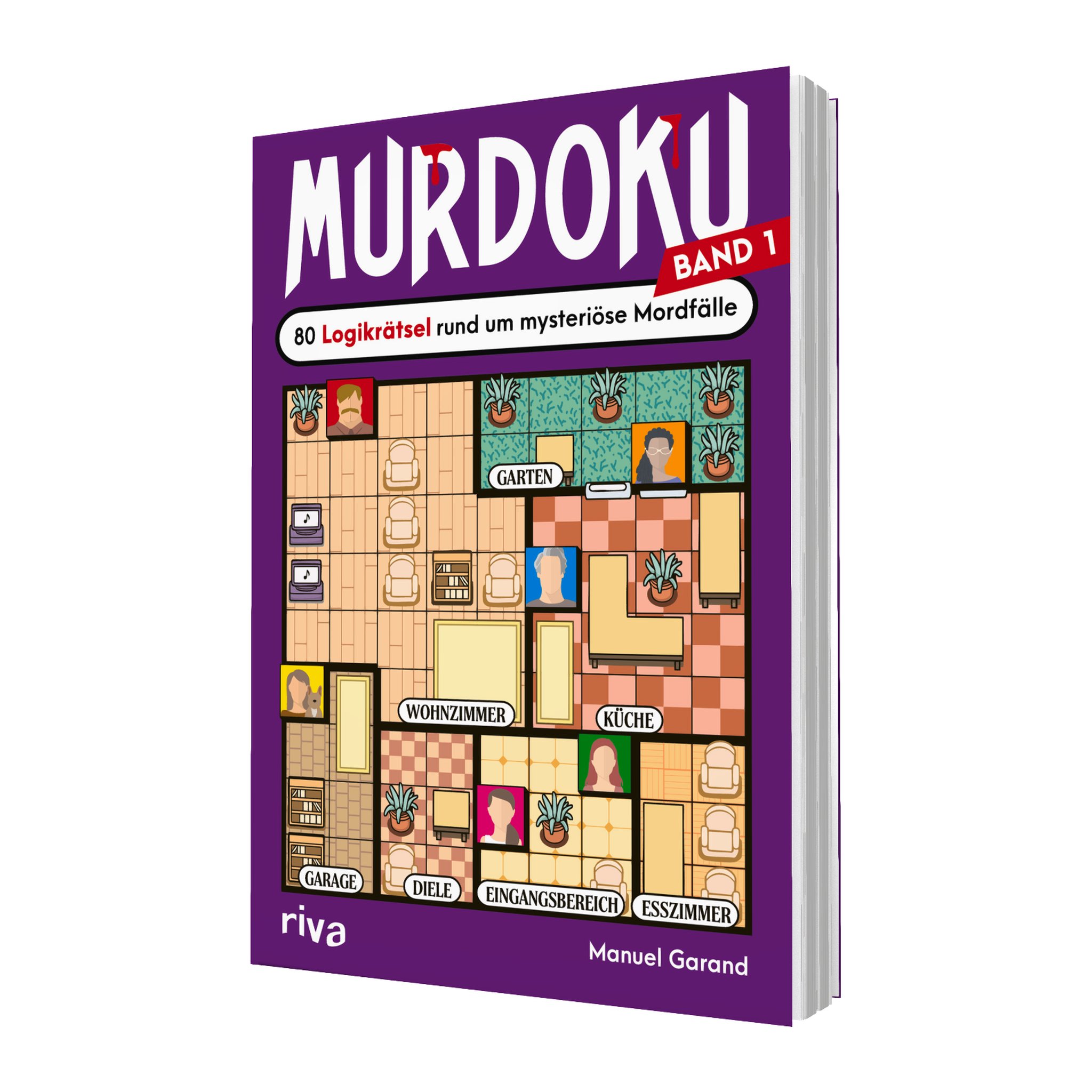 Cover of the Murdoku puzzle book, volume 1, showing an illustrated crime scene floor plan with garden, kitchen and living room