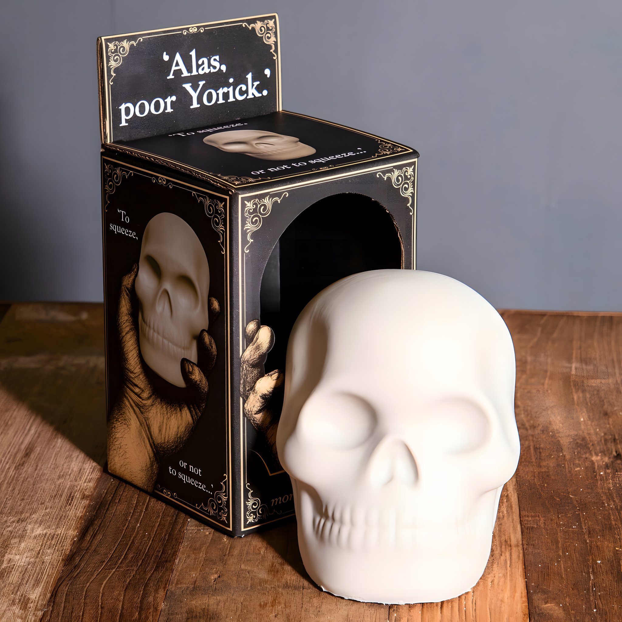 Alas Poor Yorick Totenkopf-Squishy in Cremeweiss vor der Geschenkbox im Buchdesign