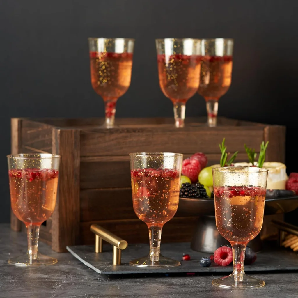 Goldglitzer-Weingläser aus Kunststoff