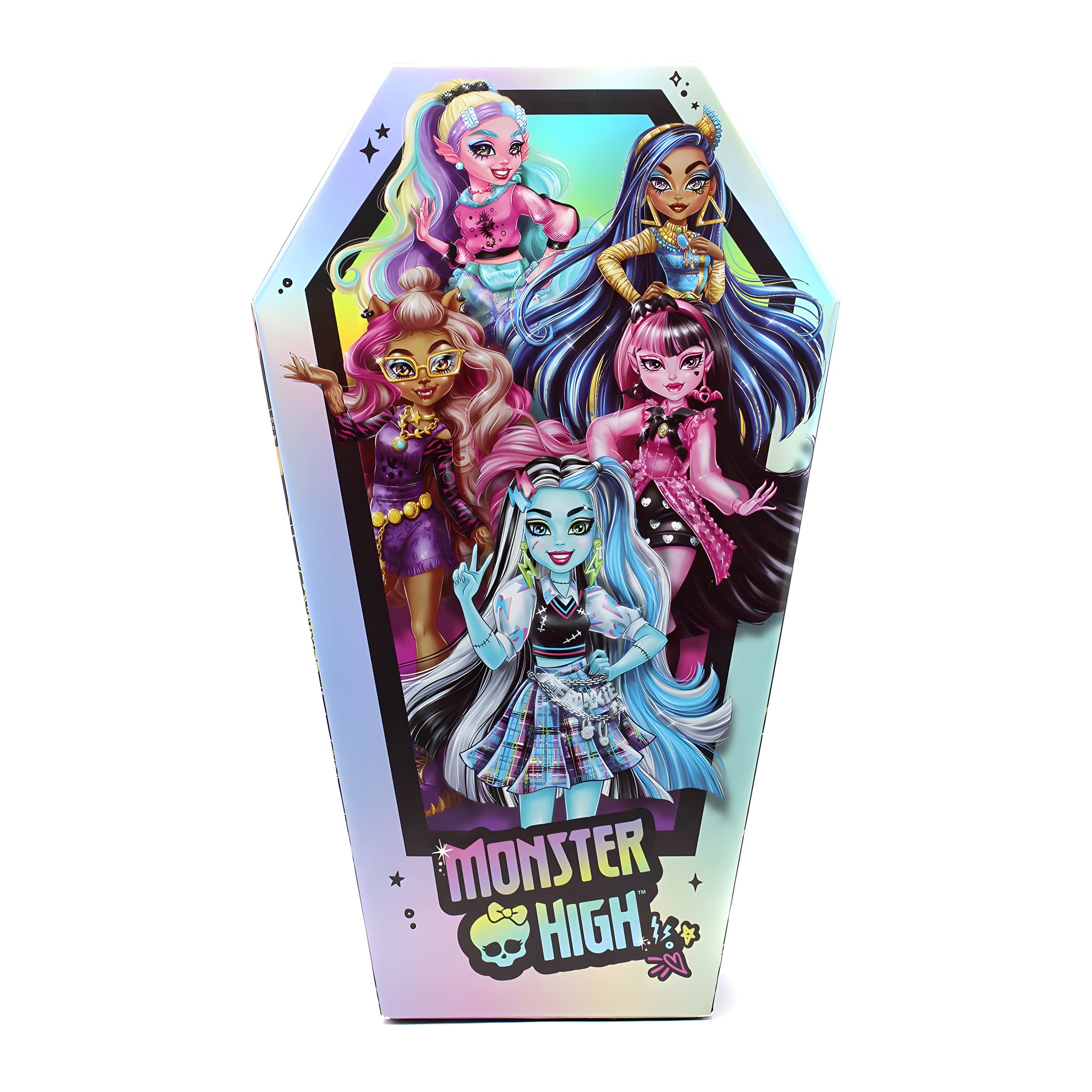 Monster High Adventskalender in Sargform mit holografischem Druck und den fünf Ghouls auf dem Deckel