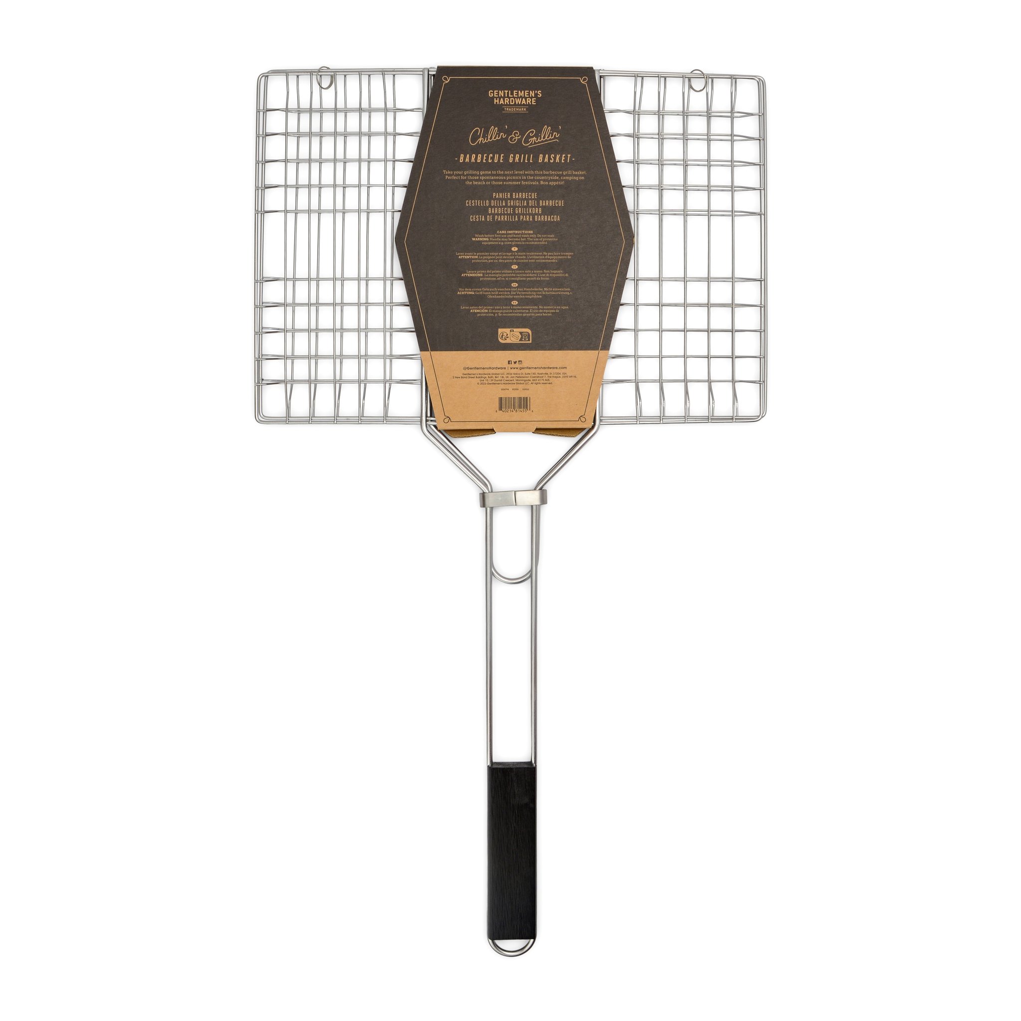 Retro della fascetta scura sul cestino per barbecue, con piccole istruzioni stampate in più lingue