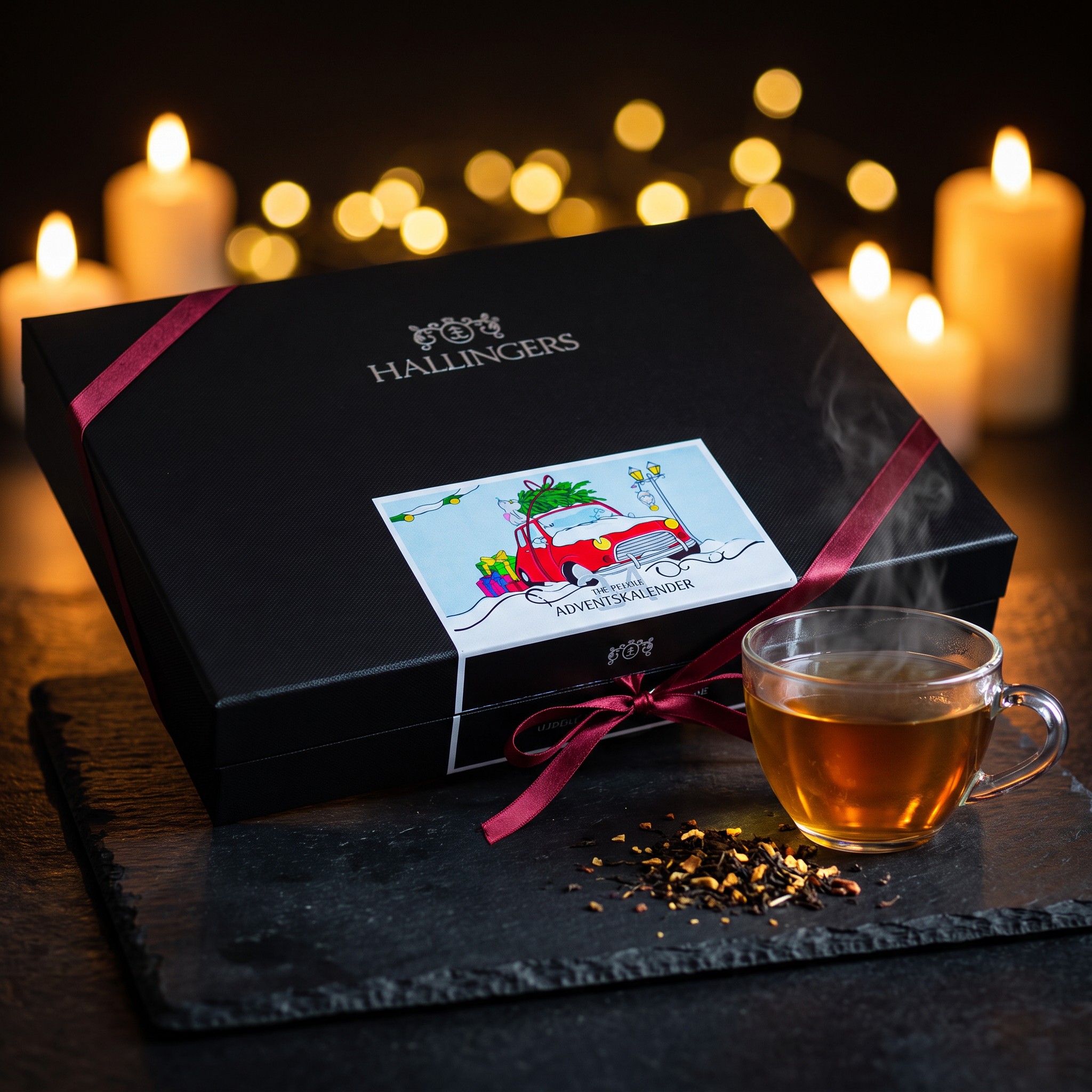 Tee-Adventskalender Christmas Car als Geschenk mit roter Schleife auf Schiefer, daneben eine Tasse Tee