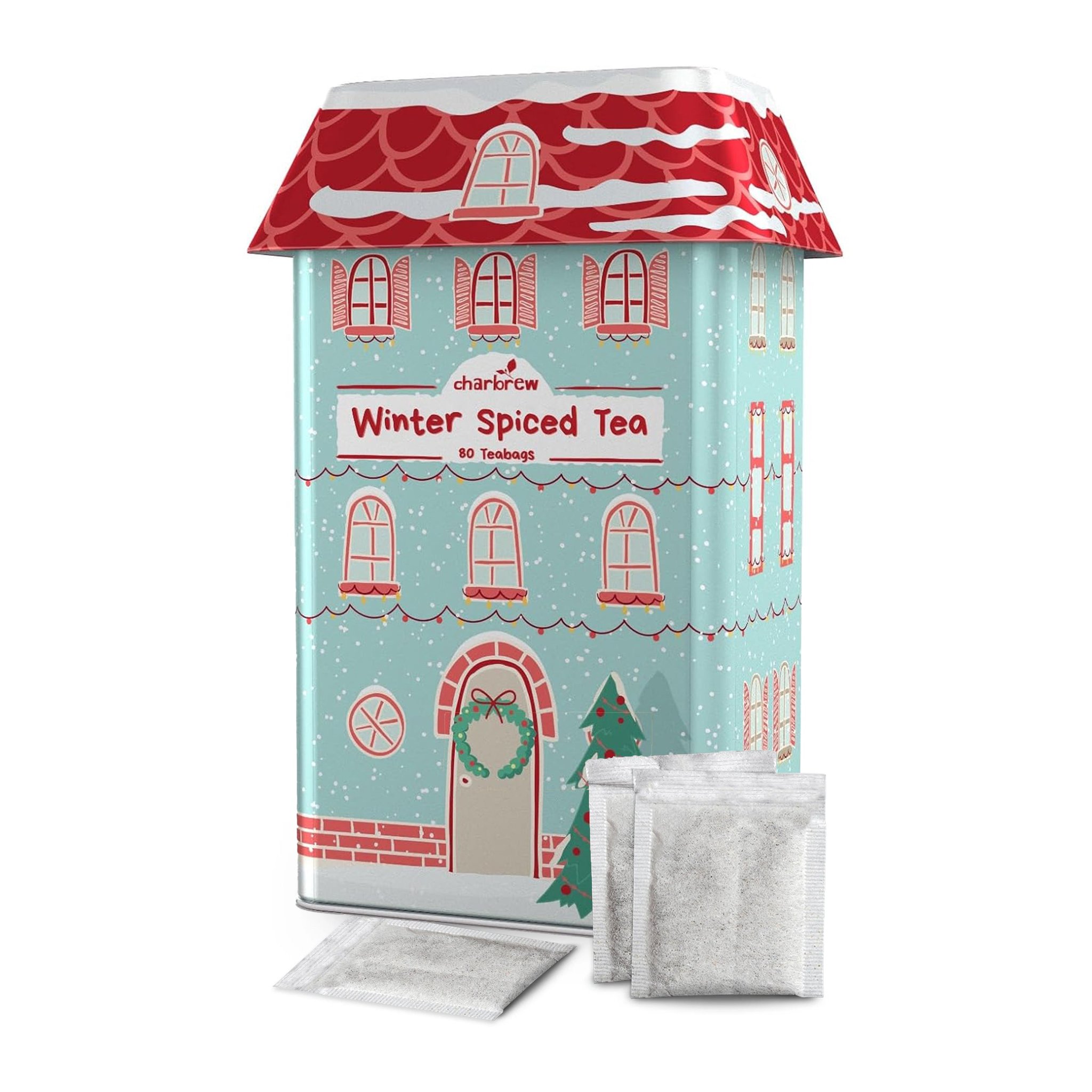 Charbrew Winter Spiced Tea Christmas house tin with tea bags in front