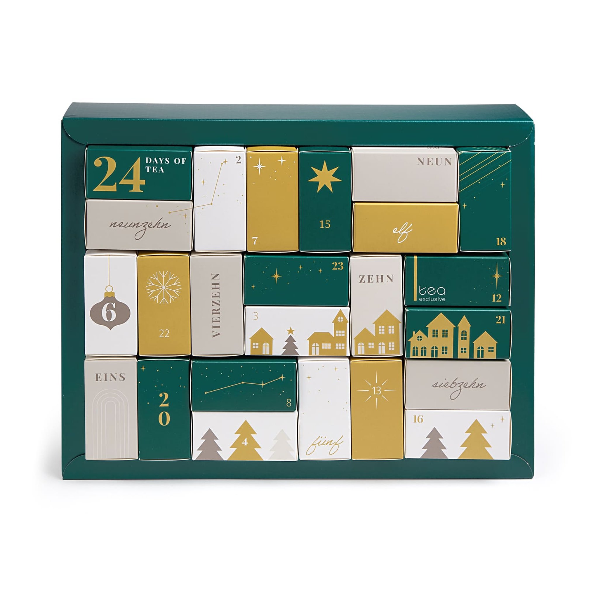 Frontansicht des Tee-Adventskalenders mit 24 Schachteln in Grün, Gold und Weiss