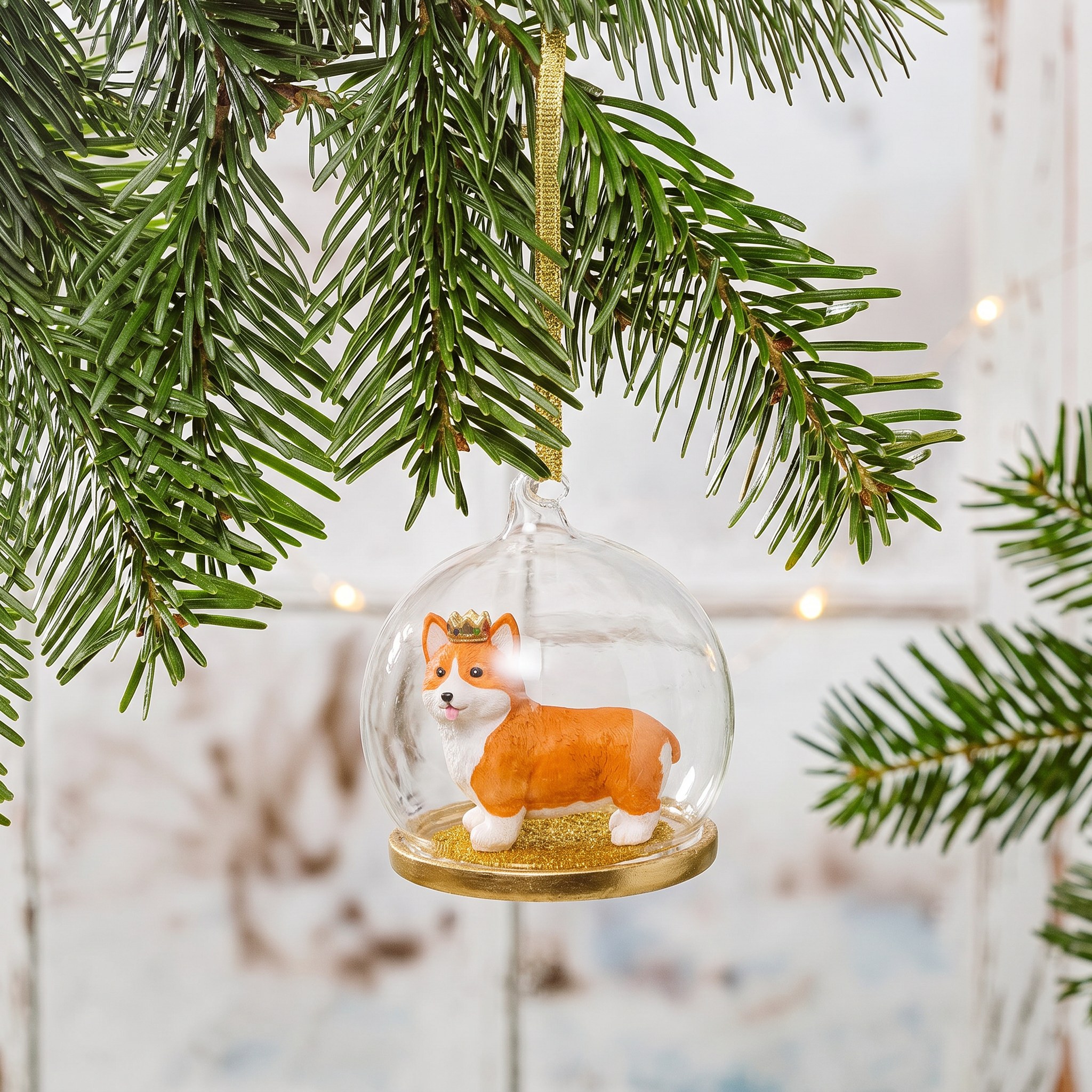 Pallina di Natale Corgi di Sass & Belle su un ramo di abete davanti a legno chiaro