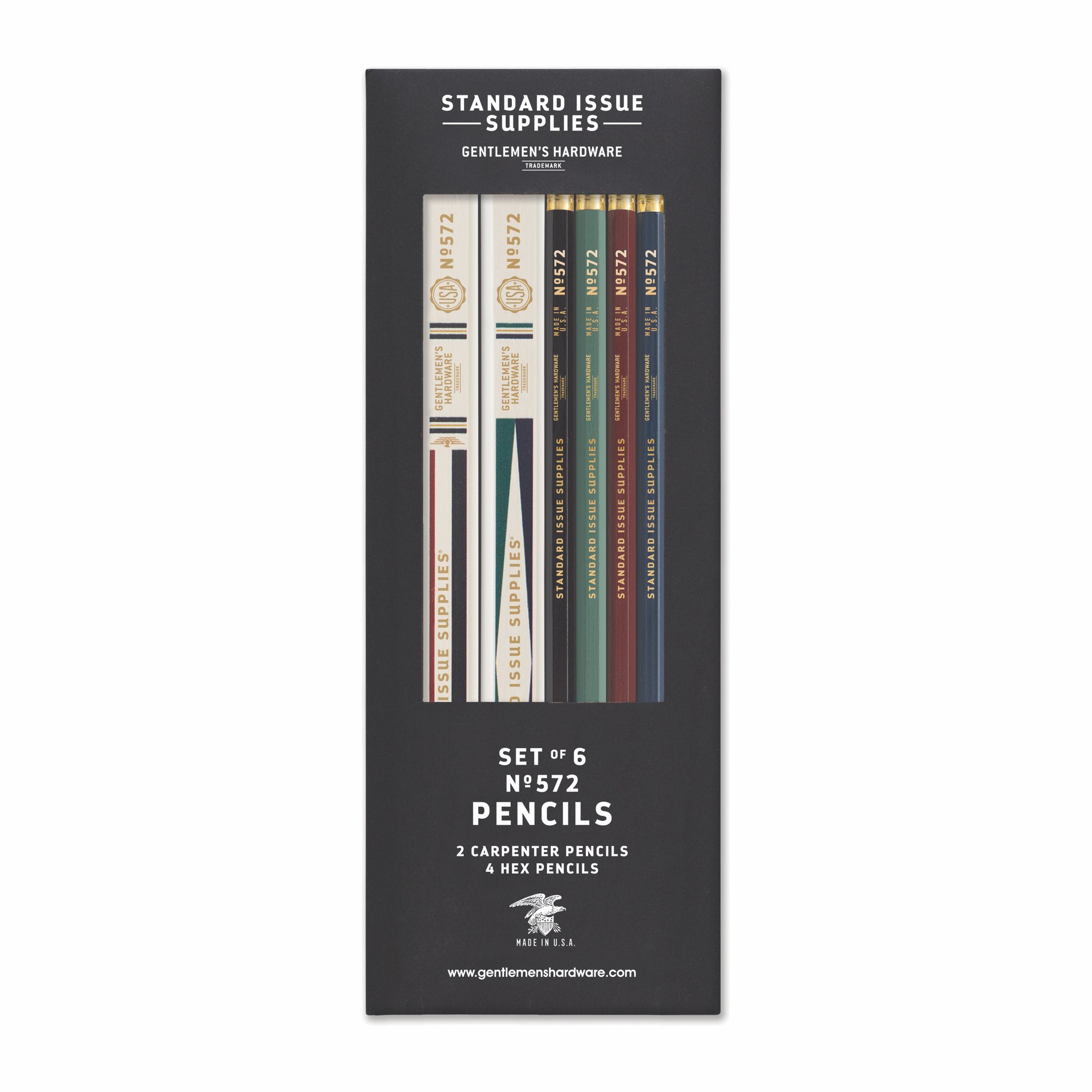 Scatola scura del set di matite Standard Issue con finestra su due matite chiare e quattro colorate
