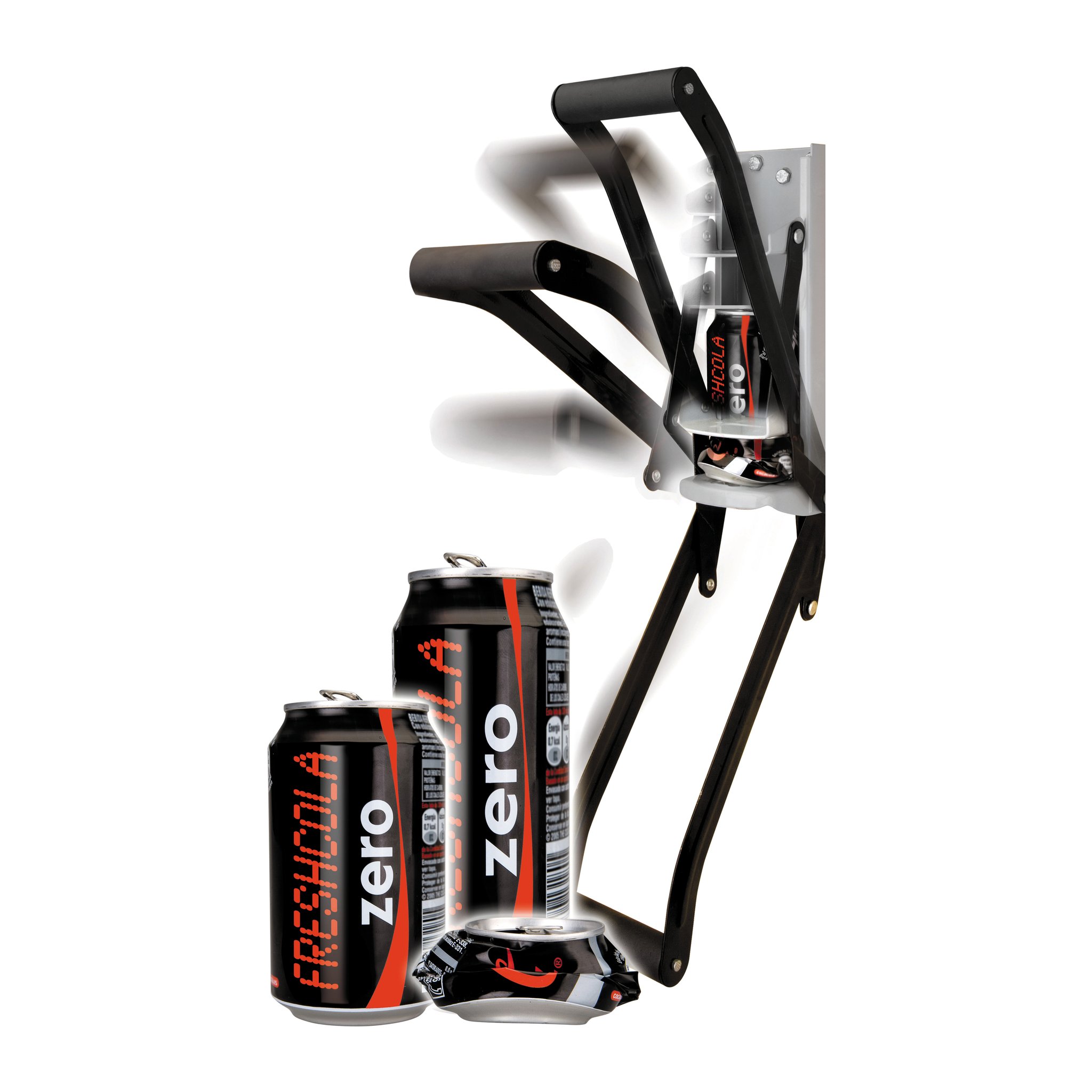 Wall-mounted can crusher in motion with crushed and whole drink cans in front