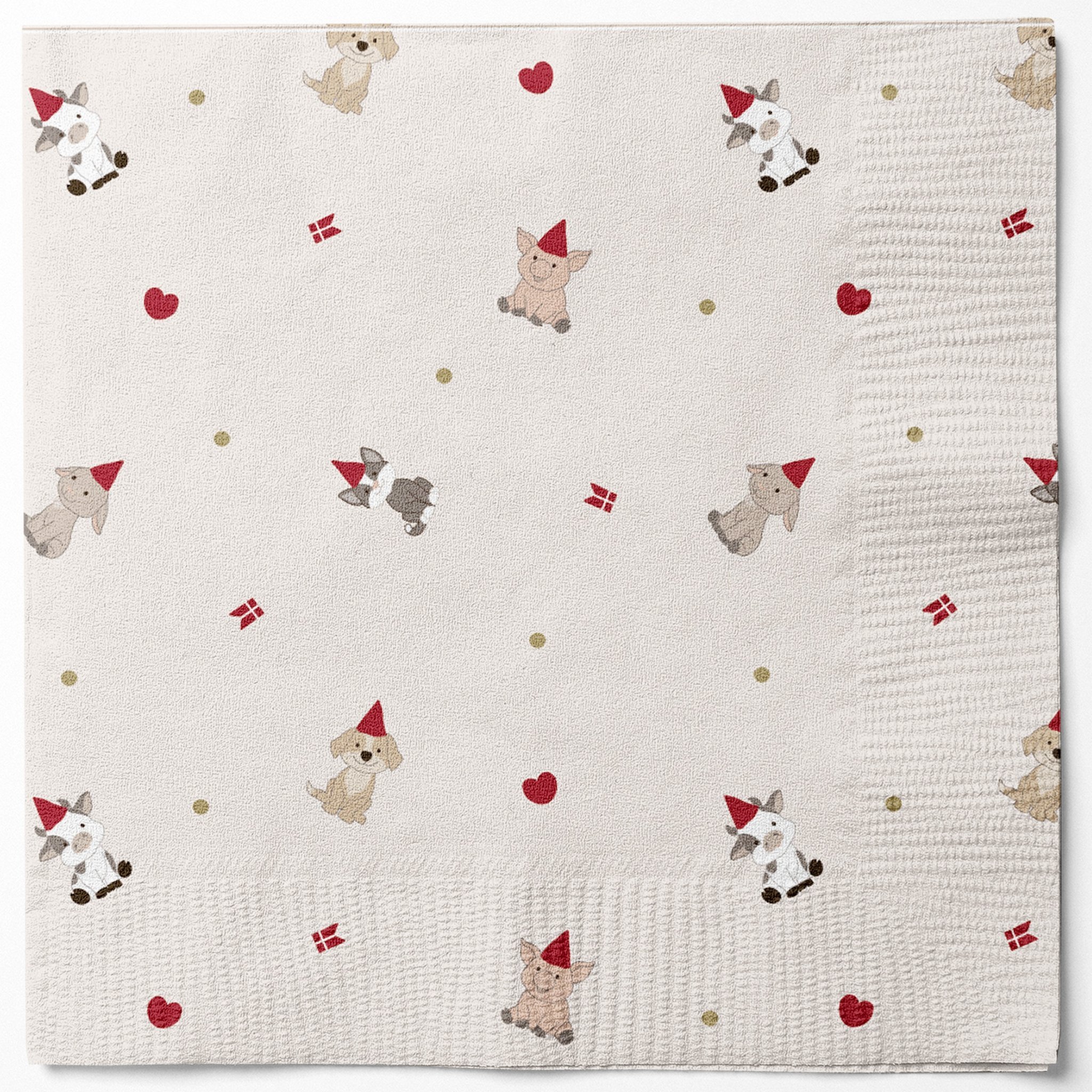 Papierserviette mit kleinen Tieren in roten Zipfelmützen, Herzen und Dänemark-Fähnchen