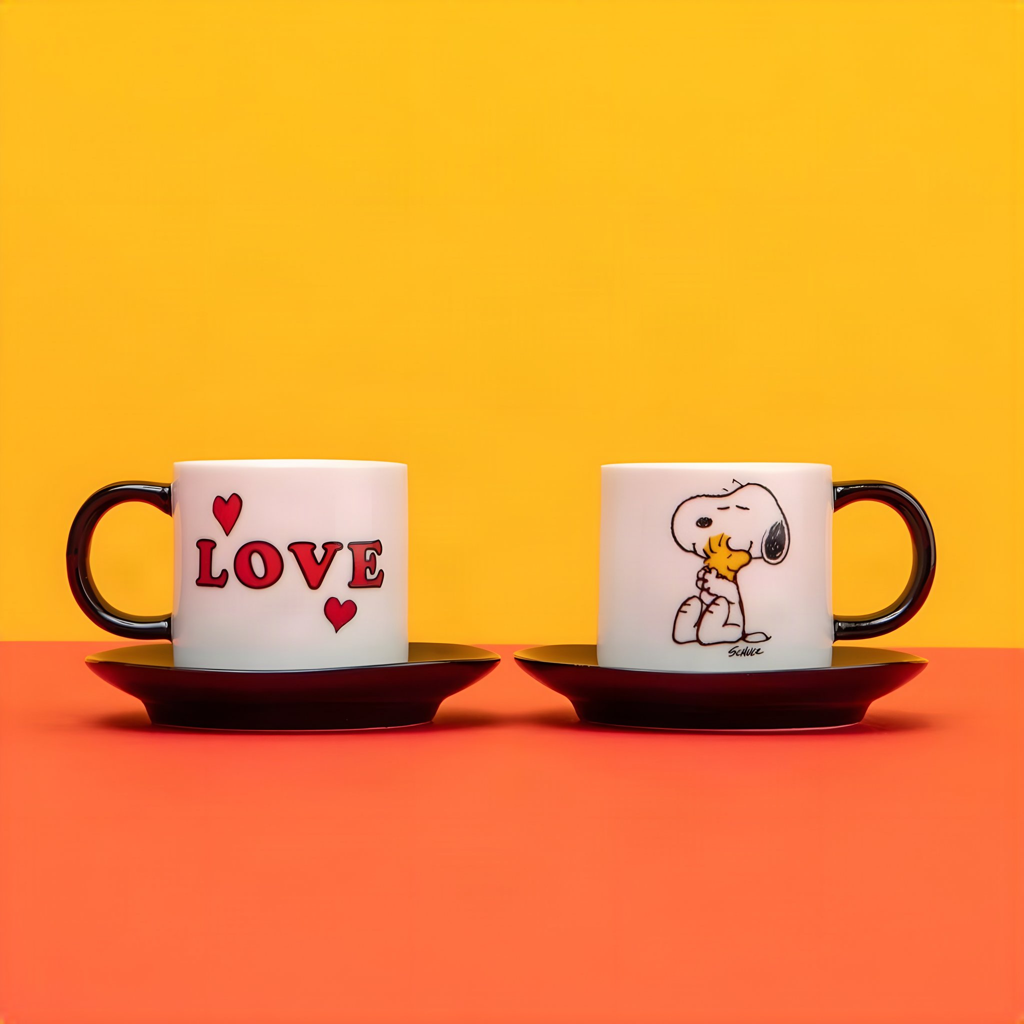Die beiden Snoopy-Espressotassen nebeneinander auf Untertassen vor orangem Hintergrund