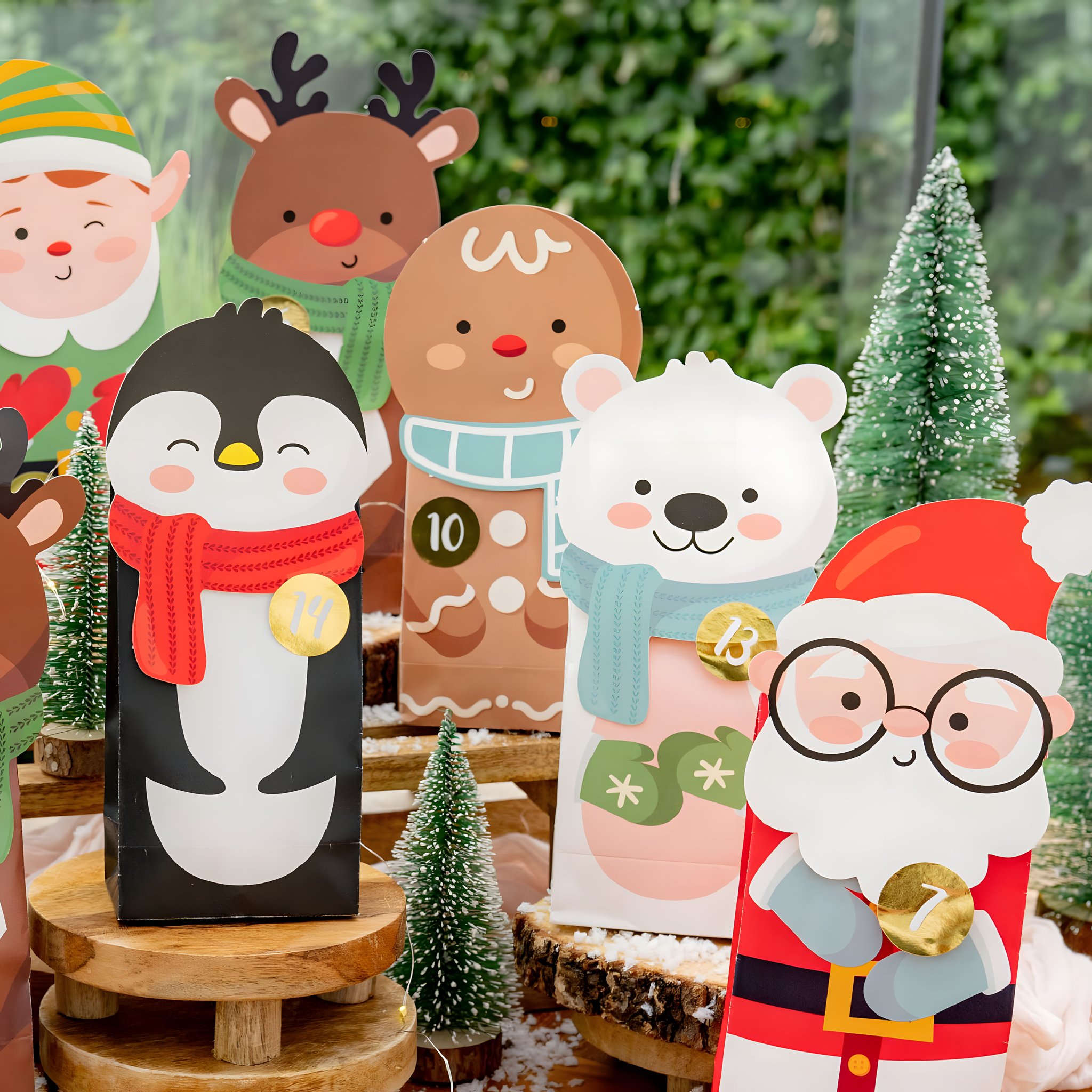 Fertig gebastelte Figuren: Pinguin, Lebkuchenmann, Eisbär, Rentier, Wichtel und Weihnachtsmann vor Tannen