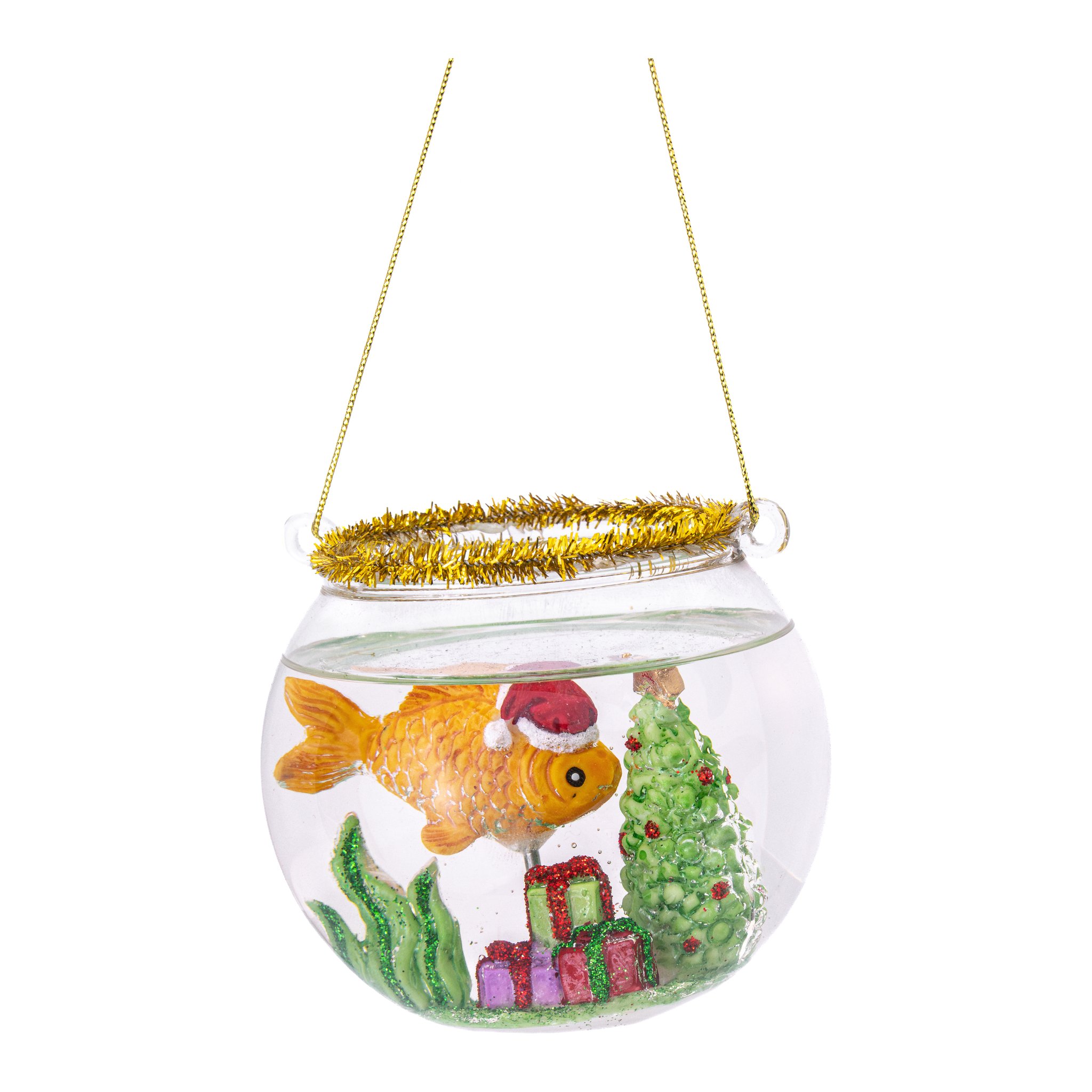 Boule de Noël bocal à poisson Sass & Belle, poisson rouge avec bonnet dans un bocal avec sapin, détourée