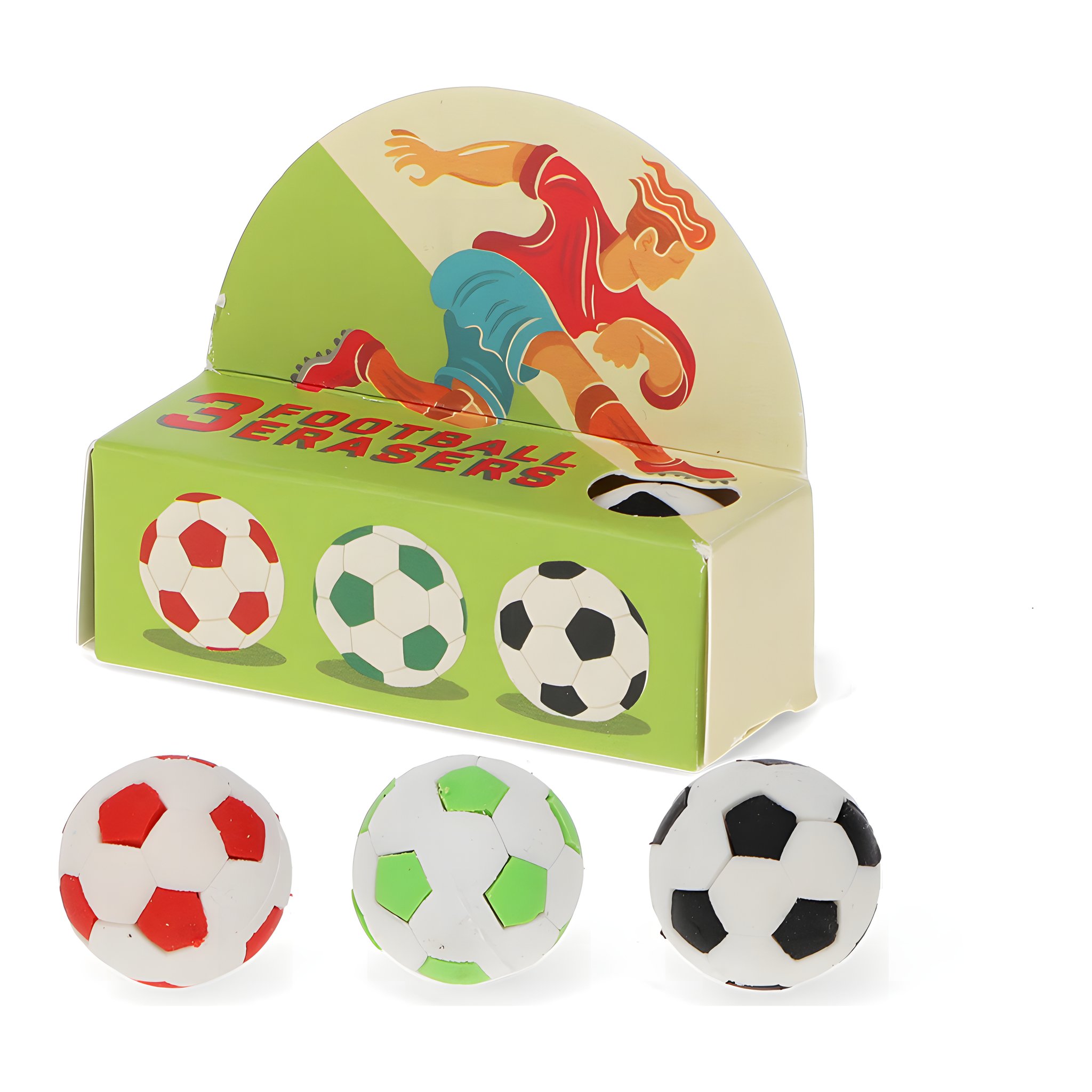 Drei Mini-Fussball-Radiergummis vor ihrer Verpackung mit Fussballspieler