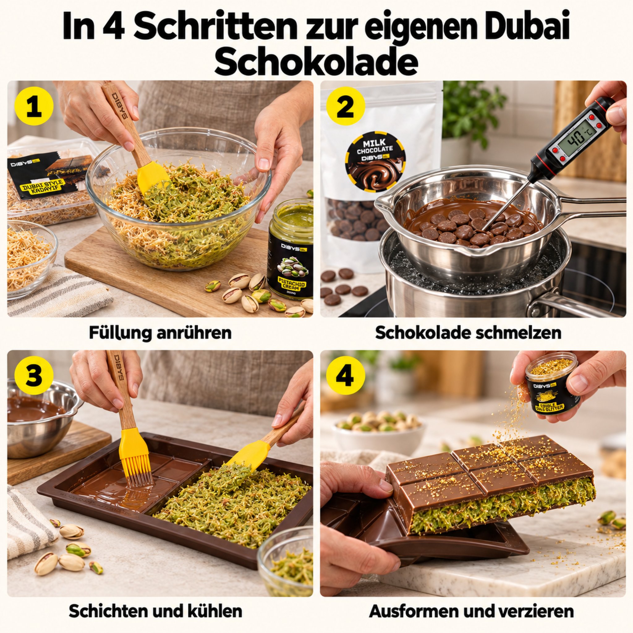 Four steps to your own Dubai chocolate: mix the filling, melt, layer and decorate