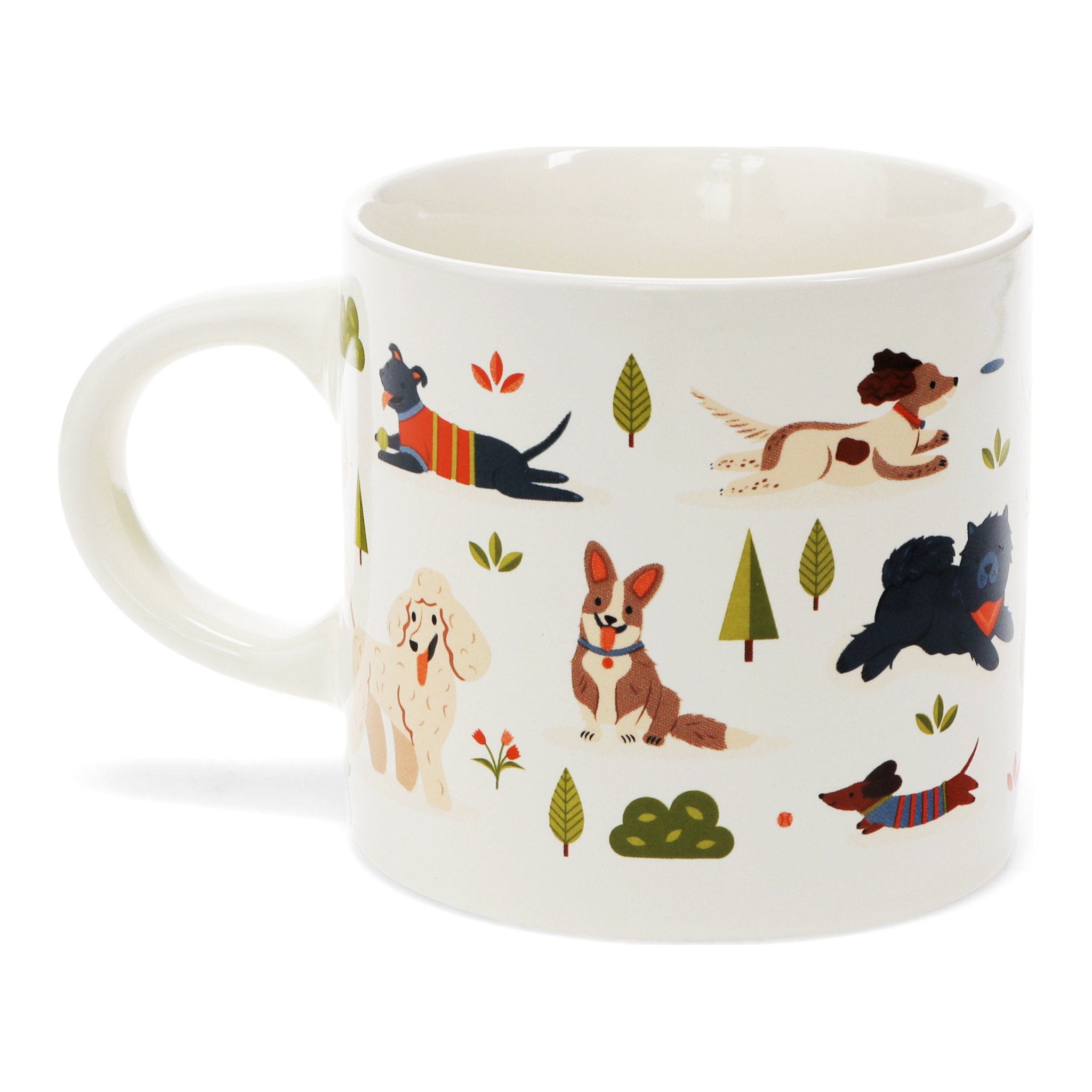 Rückseite der Hundepark Kaffeetasse mit Pudel, Corgi und weiteren Hunden