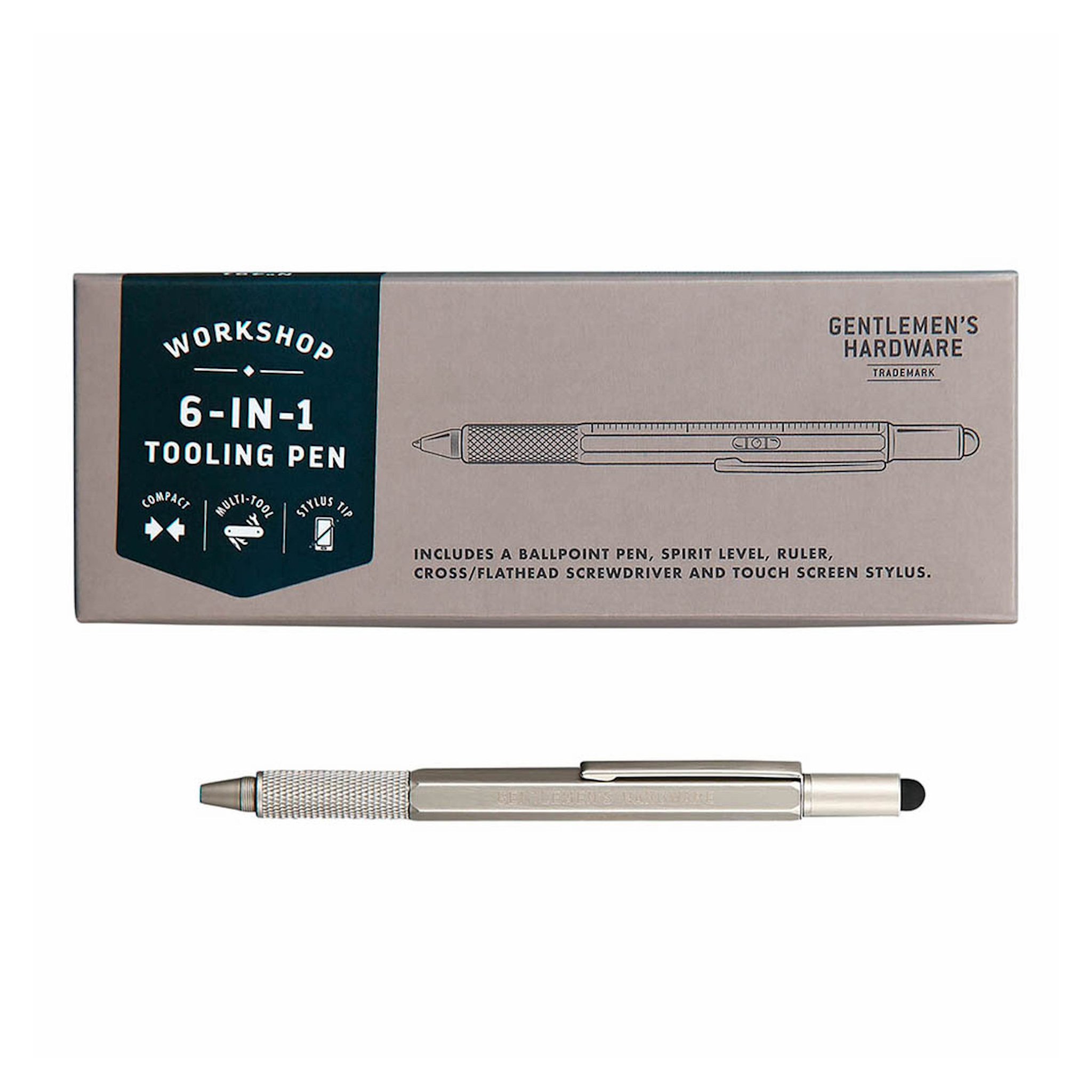 Boîte grise du Stylo Multi-Outils 6-en-1, avec le stylo argenté posé juste en dessous
