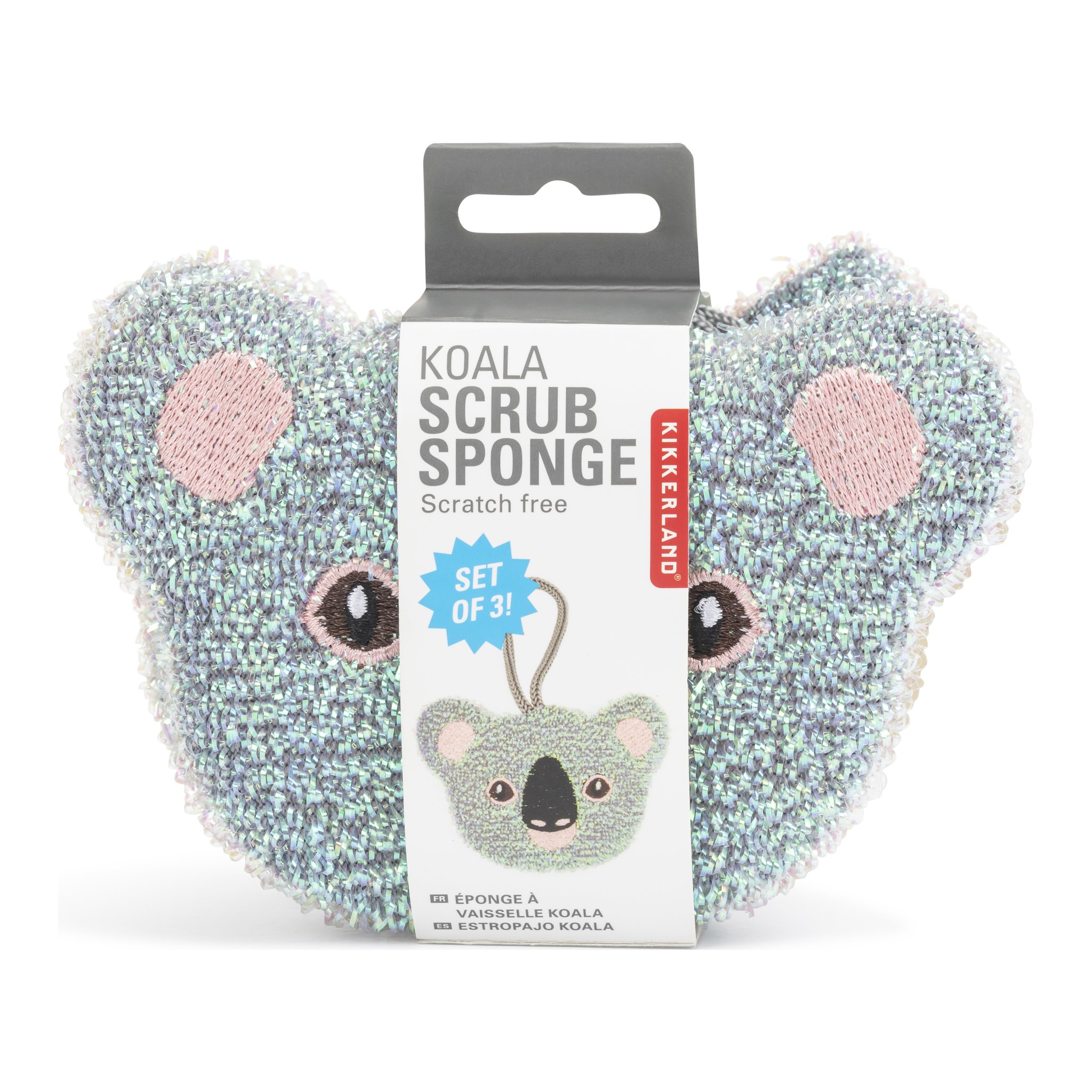 Éponges koala dans l'emballage « Koala Scrub Sponge » de Kikkerland