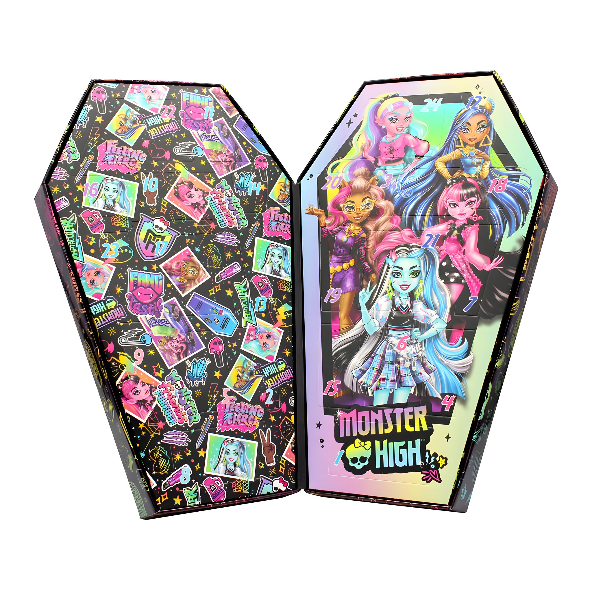 Aufgeklappter Monster High Adventskalender mit Sticker-Innenseite und 24 Türchen