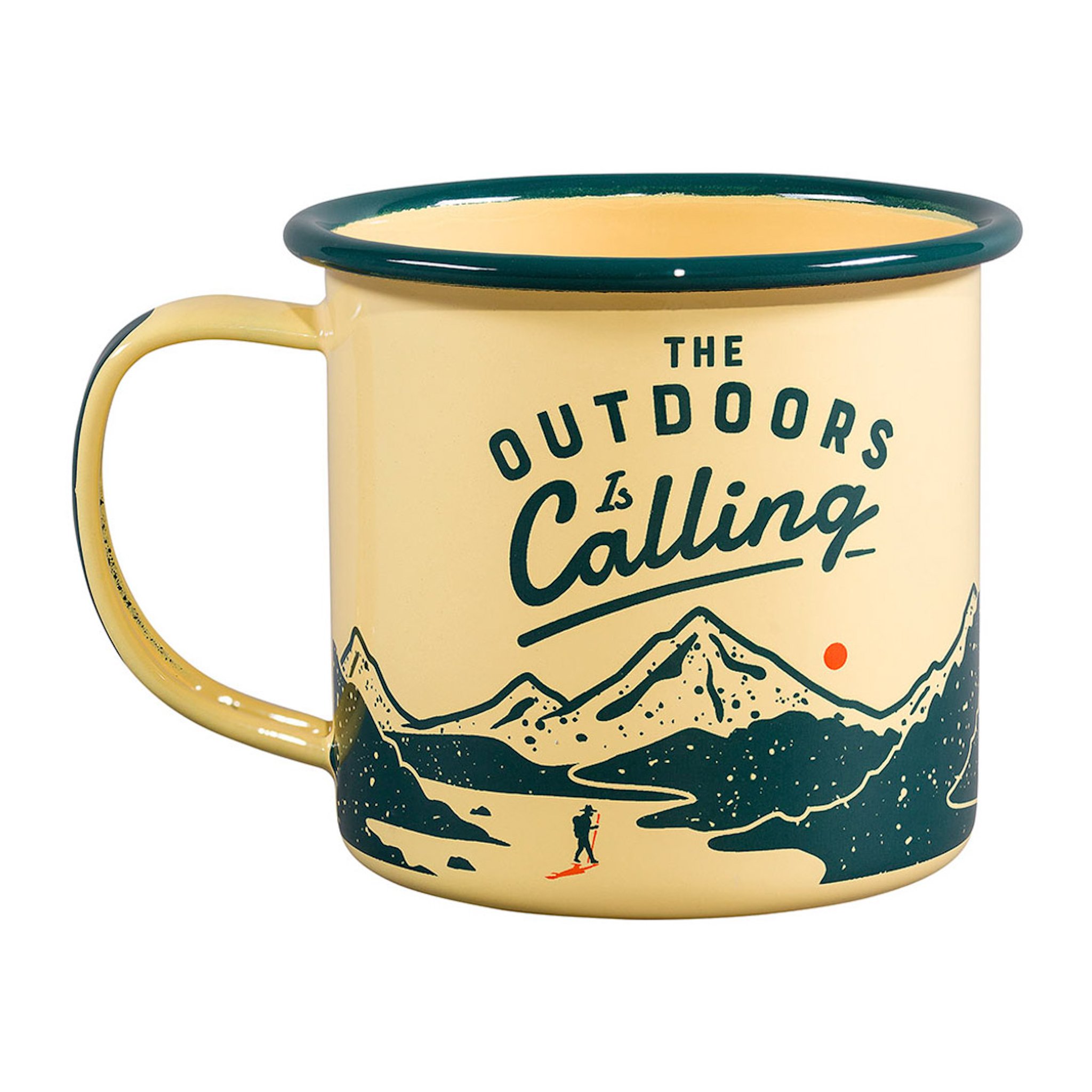 Outdoor Emaille-Tasse von der anderen Seite: Bergkulisse mit Sonne und einem Wanderer, Henkel links