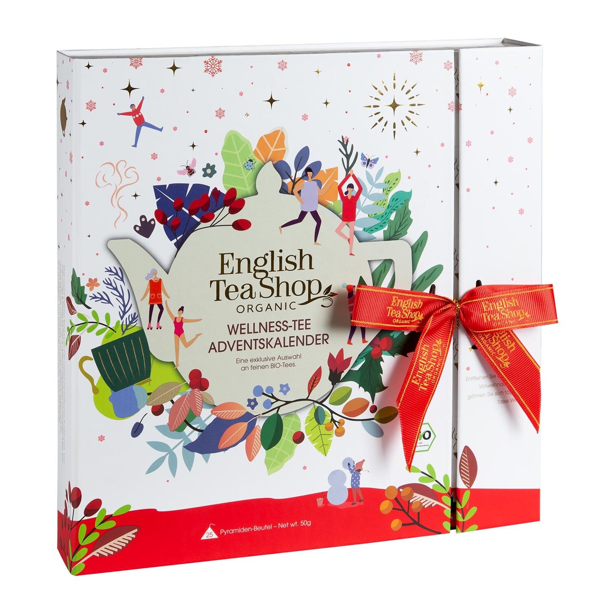 Wellness-Tee-Adventskalender von English Tea Shop in Buchform, verschlossen mit roter Satinschleife
