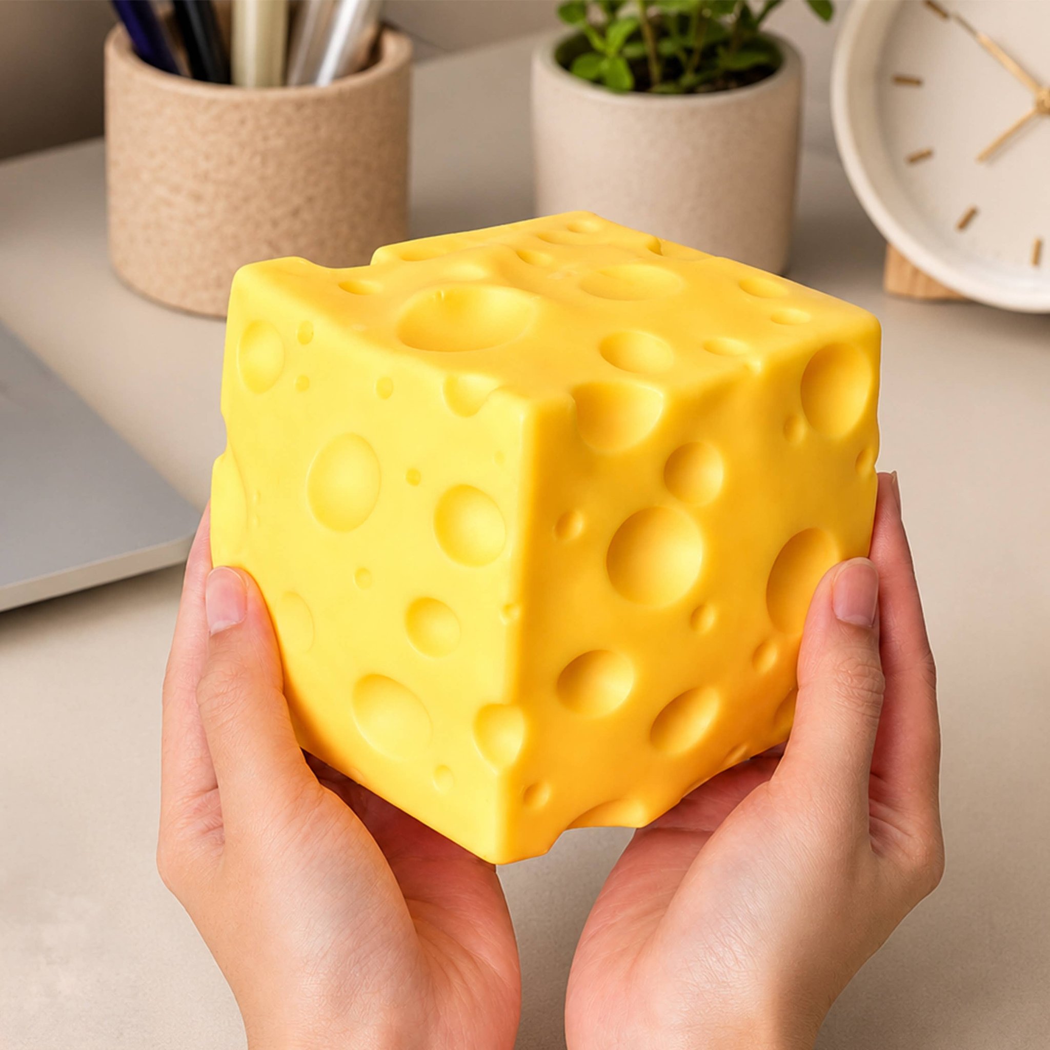 Bloc de fromage squishy jaune à trous tenu dans deux mains