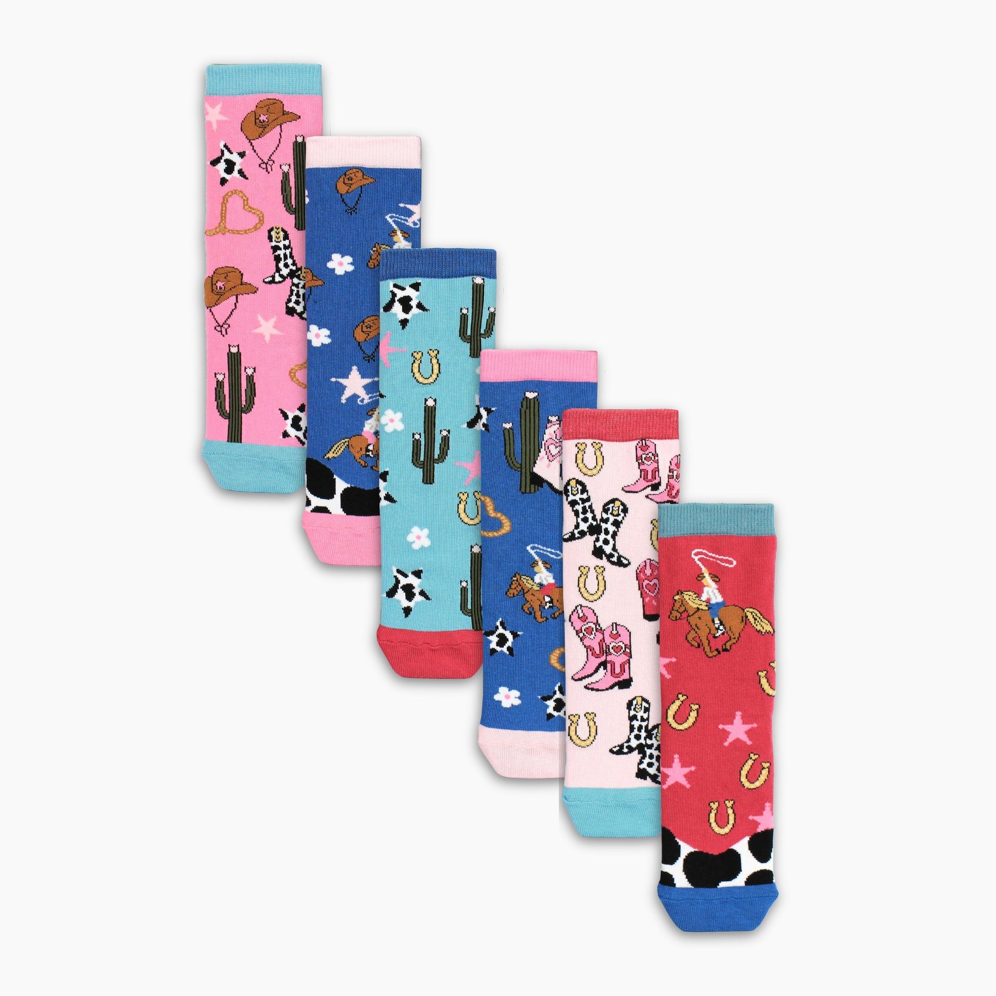 Die 6 einzelnen Yee Haw Socken aufgefächert