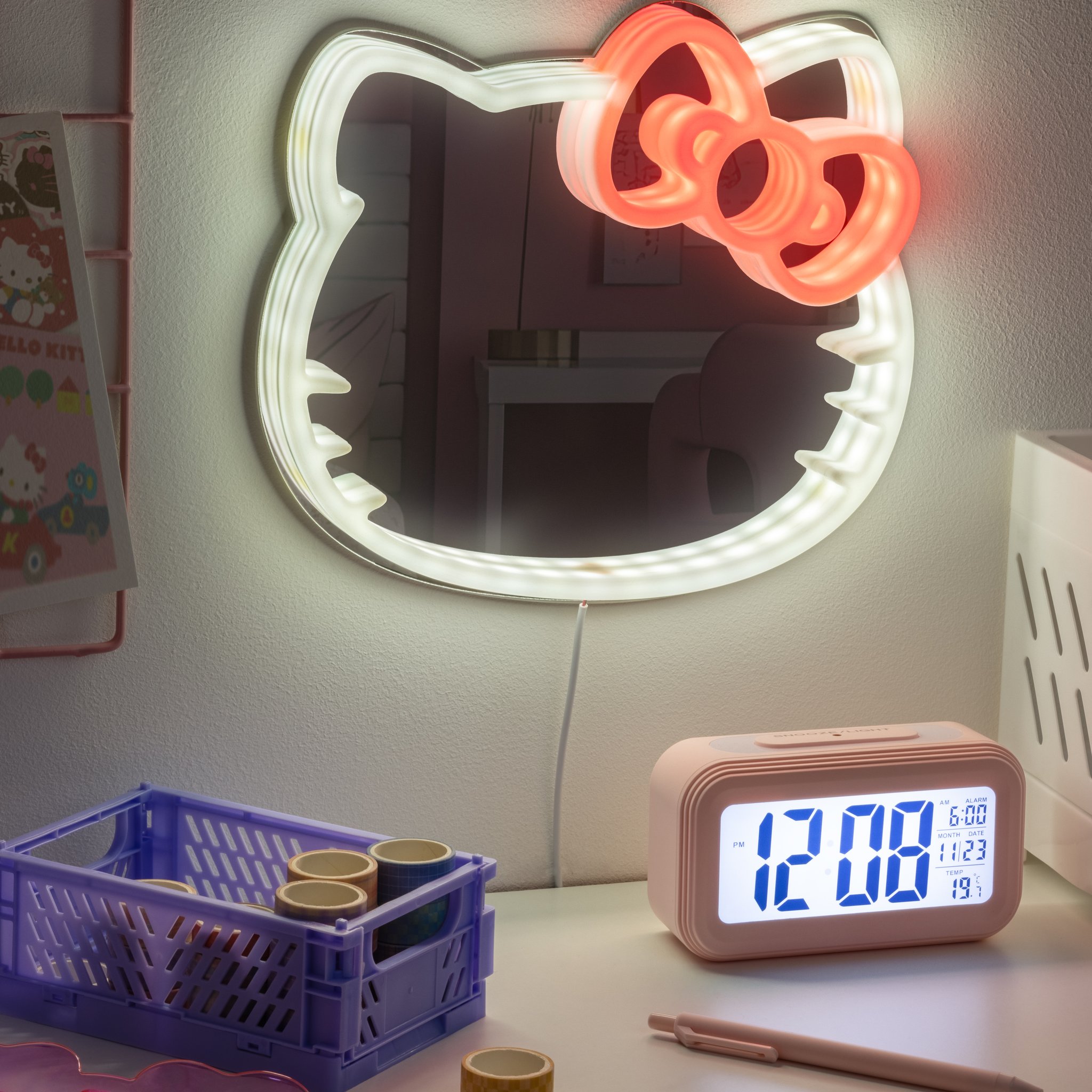 Hello Kitty neon mirror glowing above a dressing table