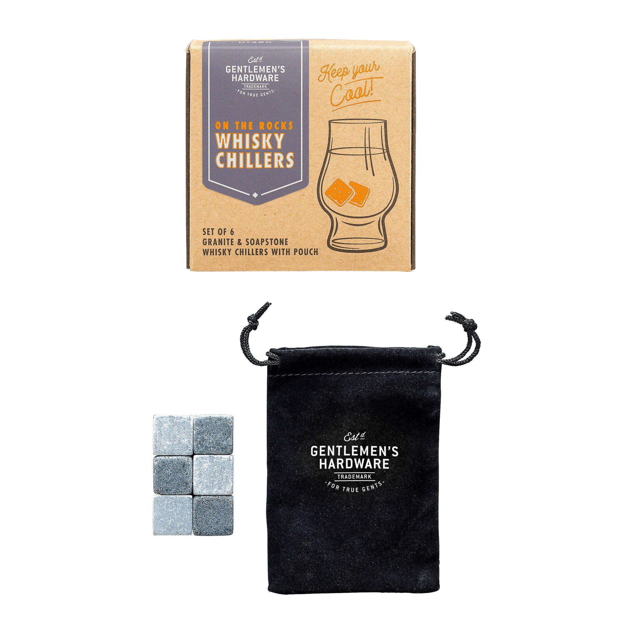 Kraft cardboard box for the whisky stones, with six grey cubes beside a black drawstring pouch