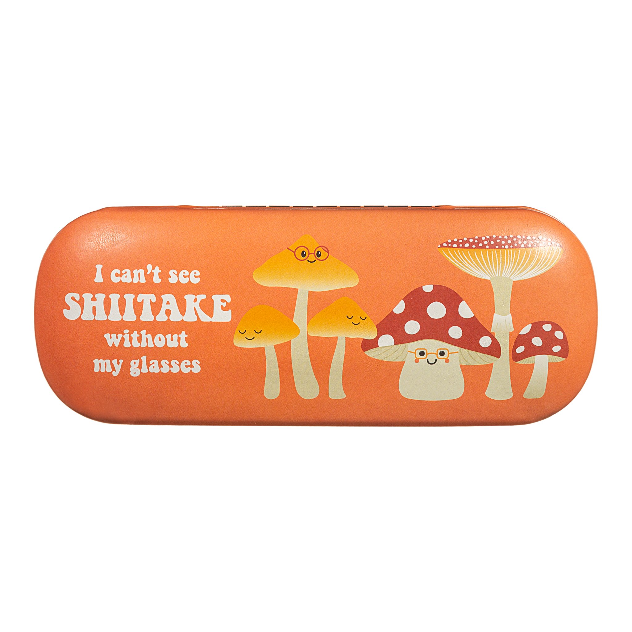 Étui à lunettes champignon détouré, étui rigide orange avec champignons et slogan