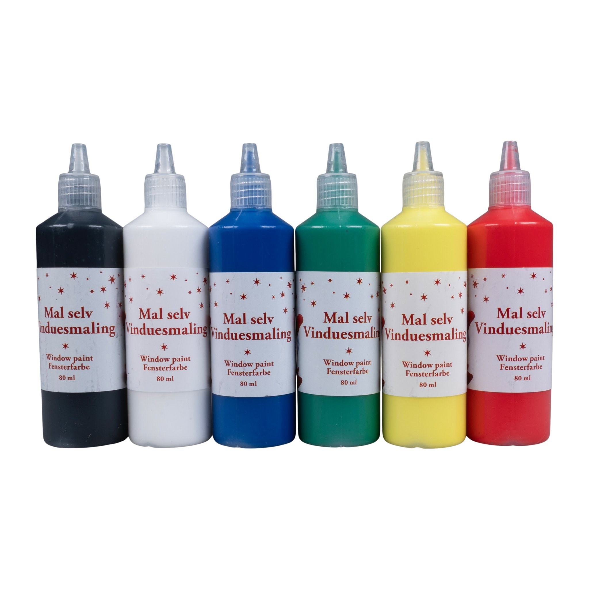 Sechs Flaschen Fensterfarbe in Schwarz, Weiss, Blau, Grün, Gelb und Rot für Fensterbilder