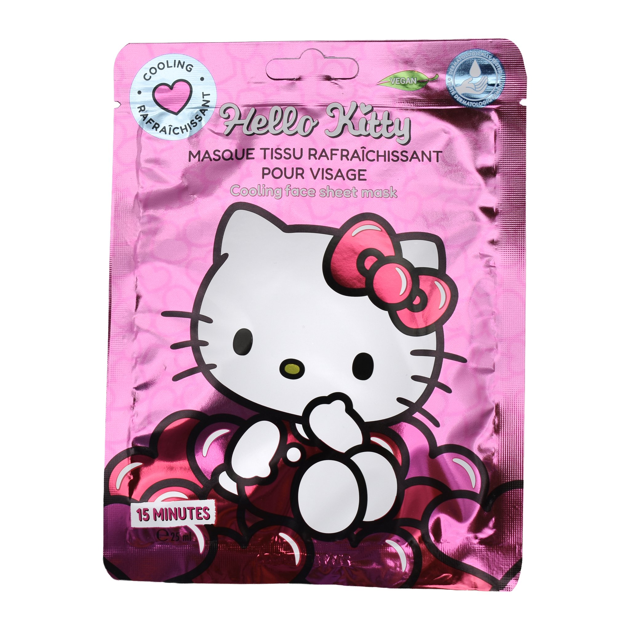 Pink packaging of the cooling Hello Kitty sheet mask with a 15 minutes note