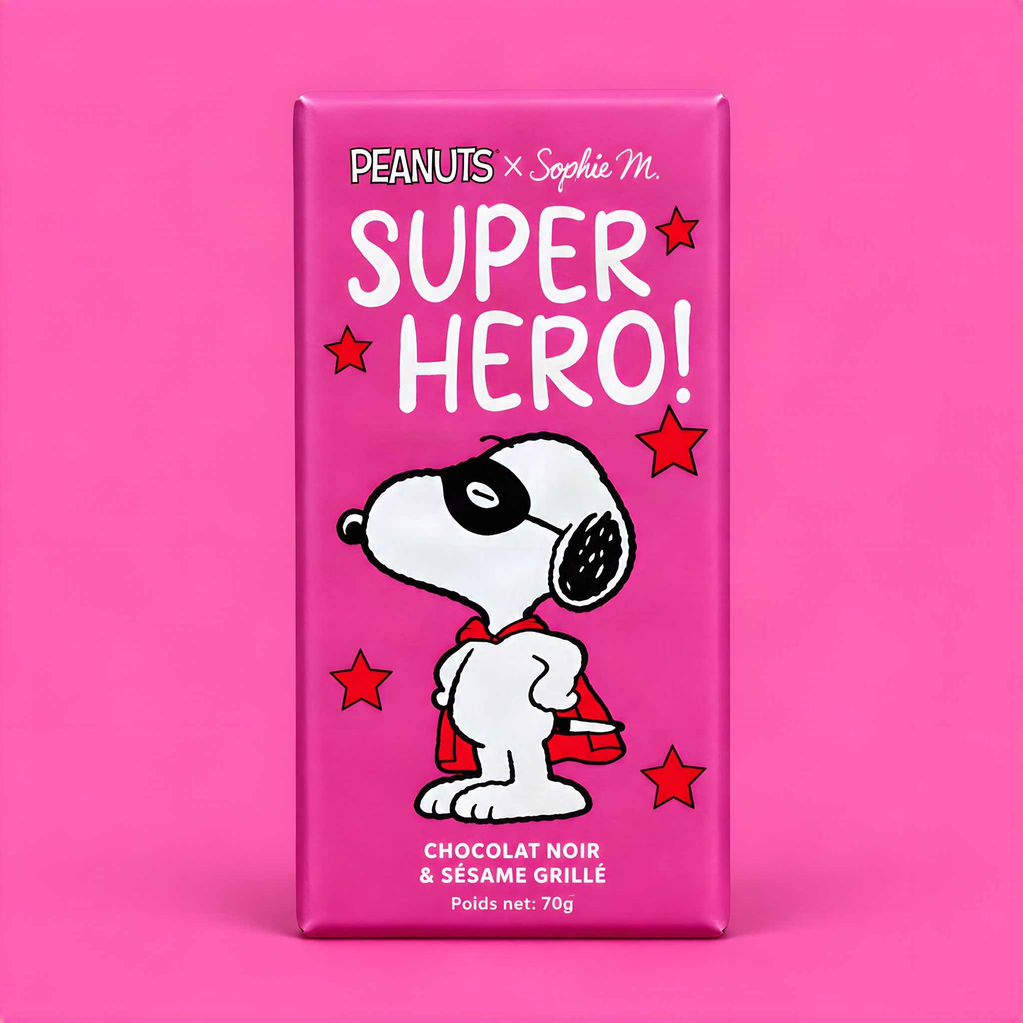 Pinke Snoopy-Schokoladentafel «Super Hero!» mit Snoopy in Maske und Umhang, Zartbitter mit Sesam