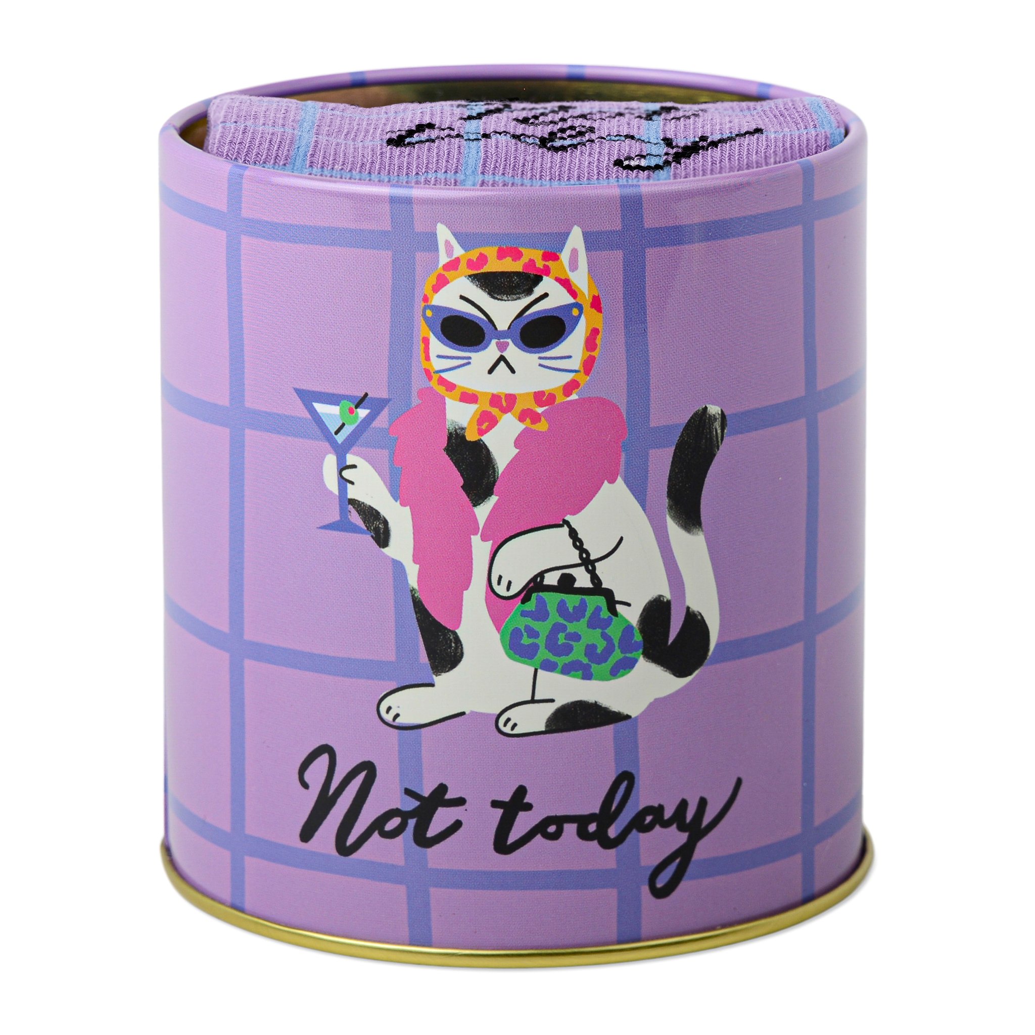 Boîte violette avec chatte à lunettes, boa et cocktail, inscription Not today