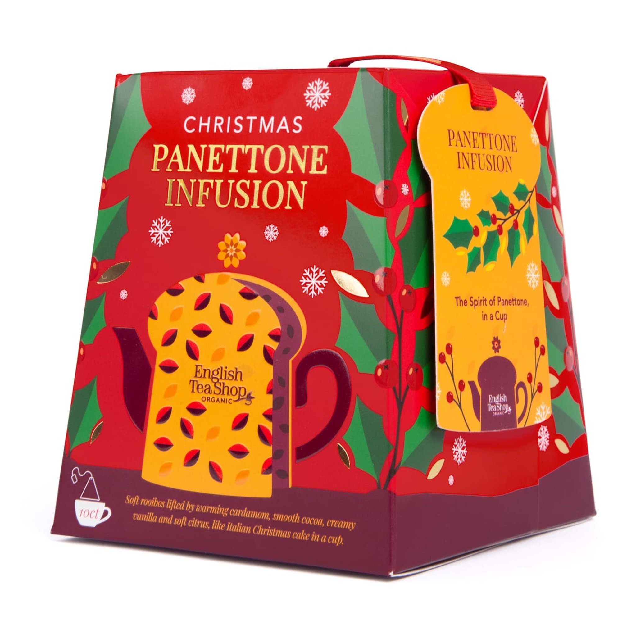 Coffret de thé Panettone vu de biais avec étiquette jaune et anse en ruban