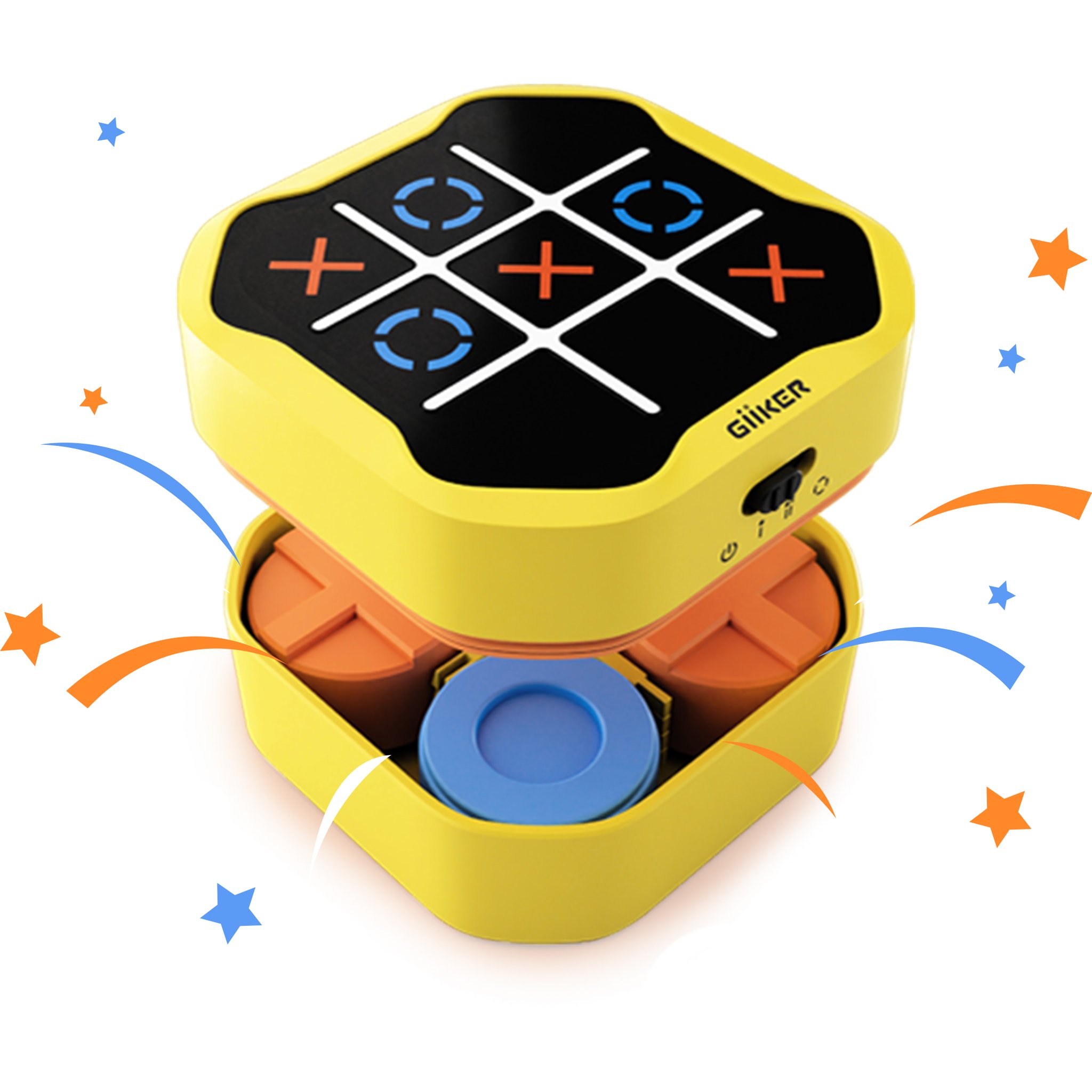 La console Tic Tac Toe sert de couvercle à la boîte de rangement contenant tous les pions.