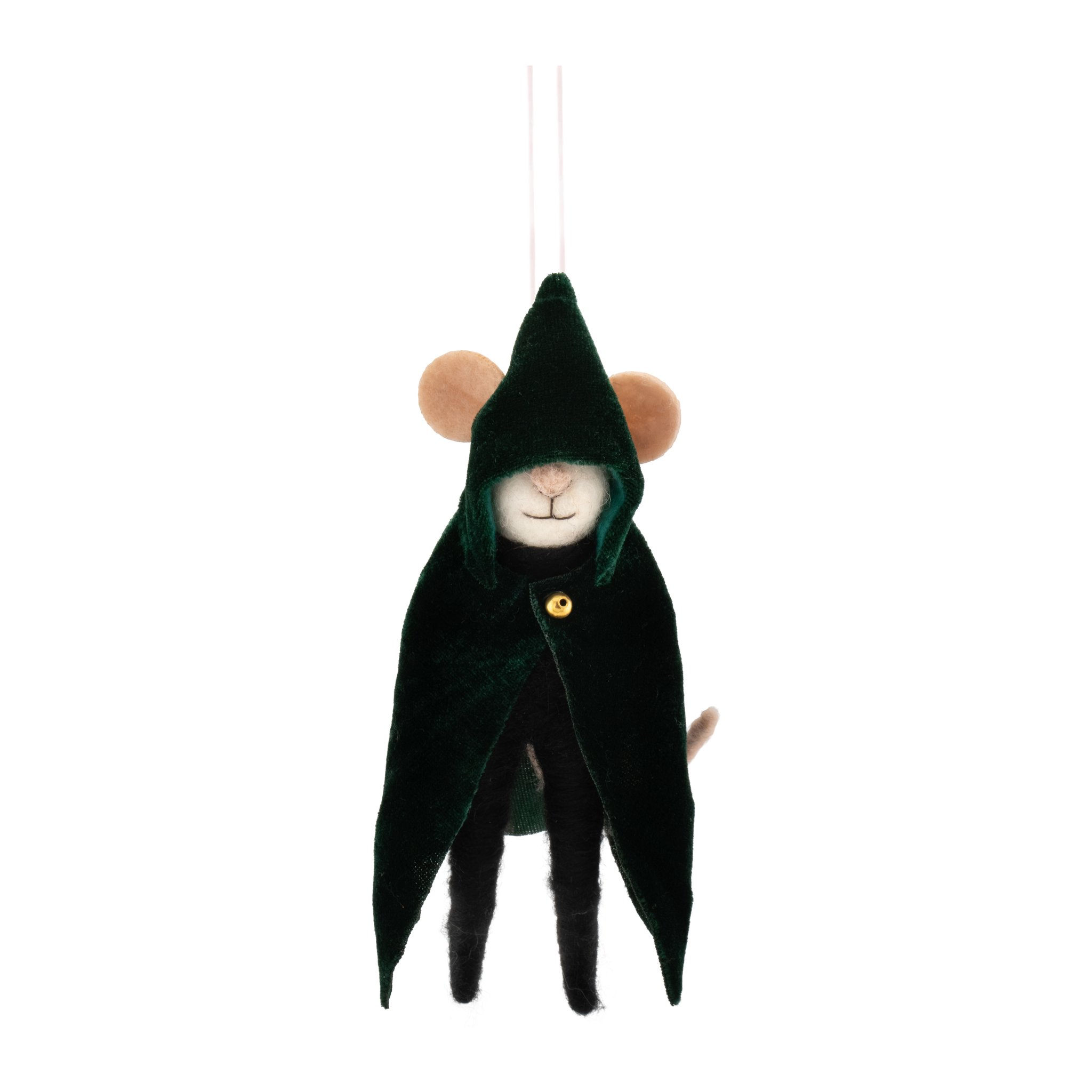 Felt mouse Christmas decoration in a dark green hooded cape
