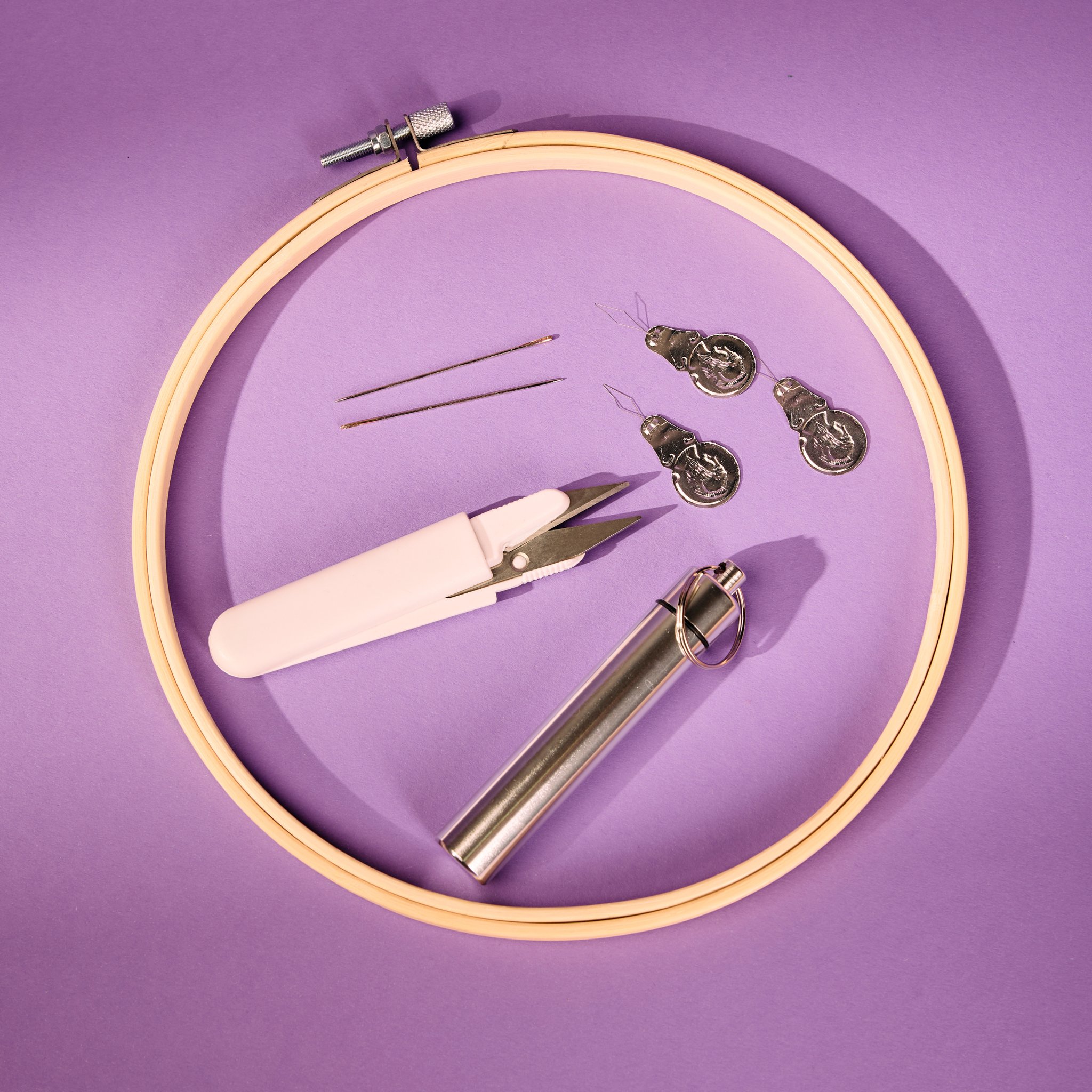 Lavender Bouquet Embroidery Kit with Hoop by Stitchly – contents: hoop, needles, threaders and scissors