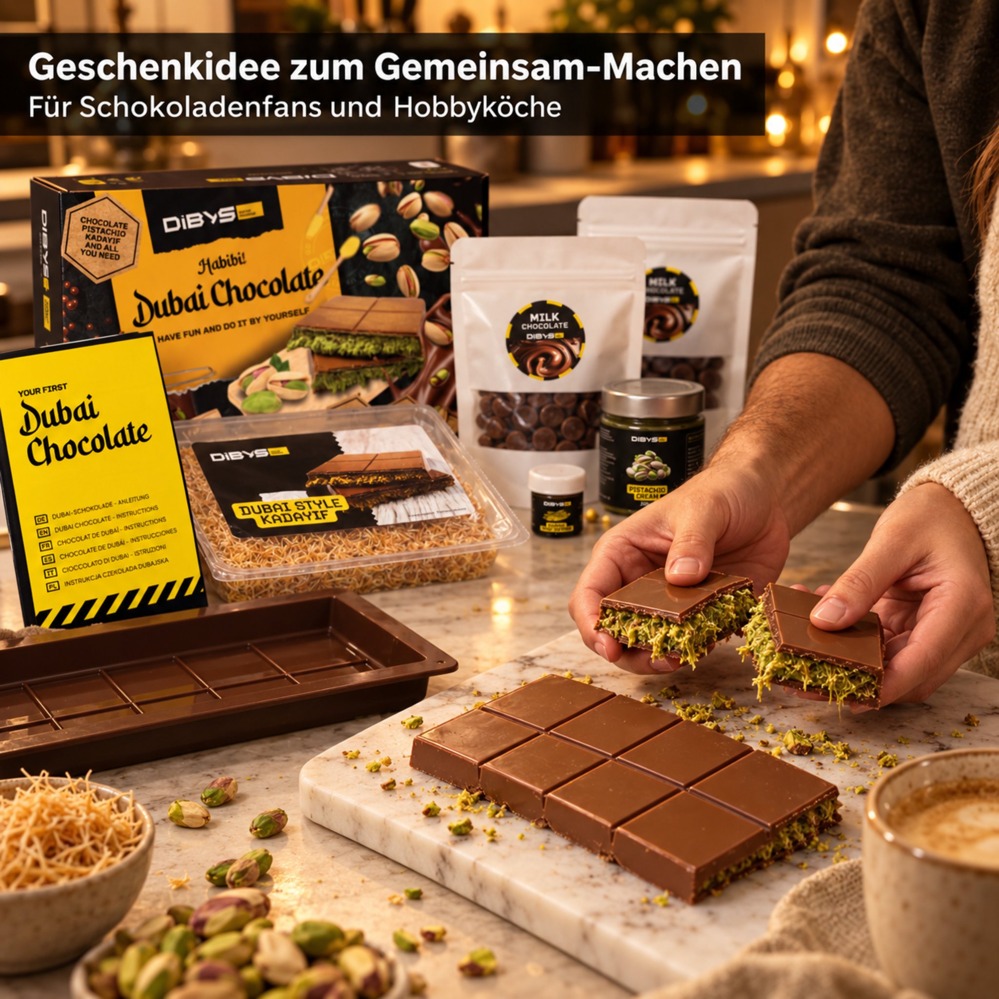 Hands breaking a homemade Dubai chocolate bar, with the kit on the kitchen table