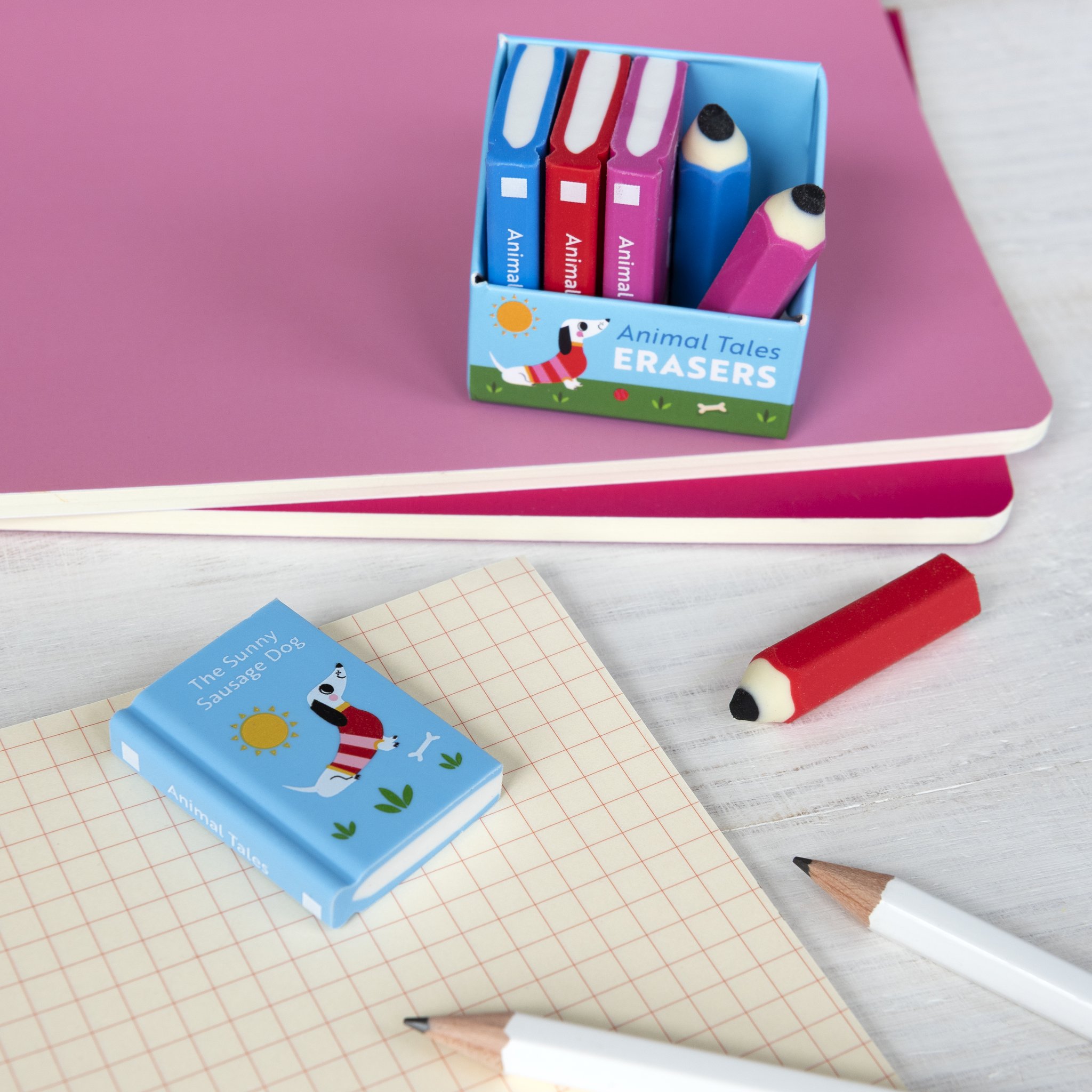 Gomme Animal Tales: scatola di libri e mini libro su un blocco note con matite