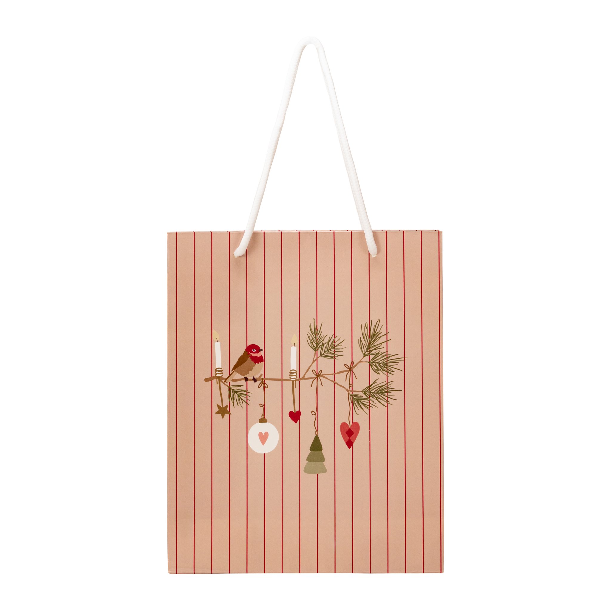 Sac cadeau rose rayé avec oiseau et décorations de Noël sur une branche, vue de face