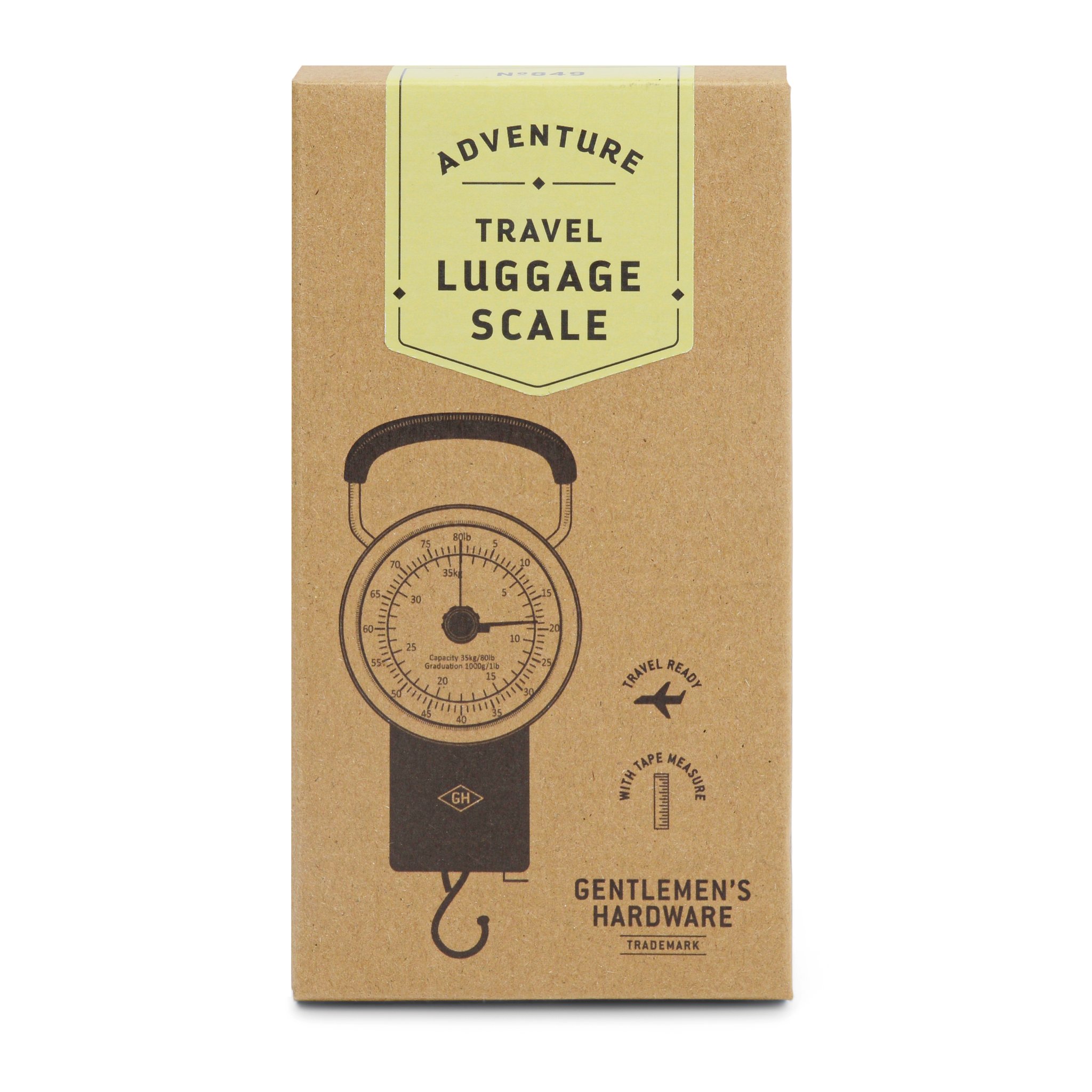 Kraftpapier-Schachtel der Kofferwaage von vorn, mit grünem Etikett «Adventure Travel Luggage Scale»