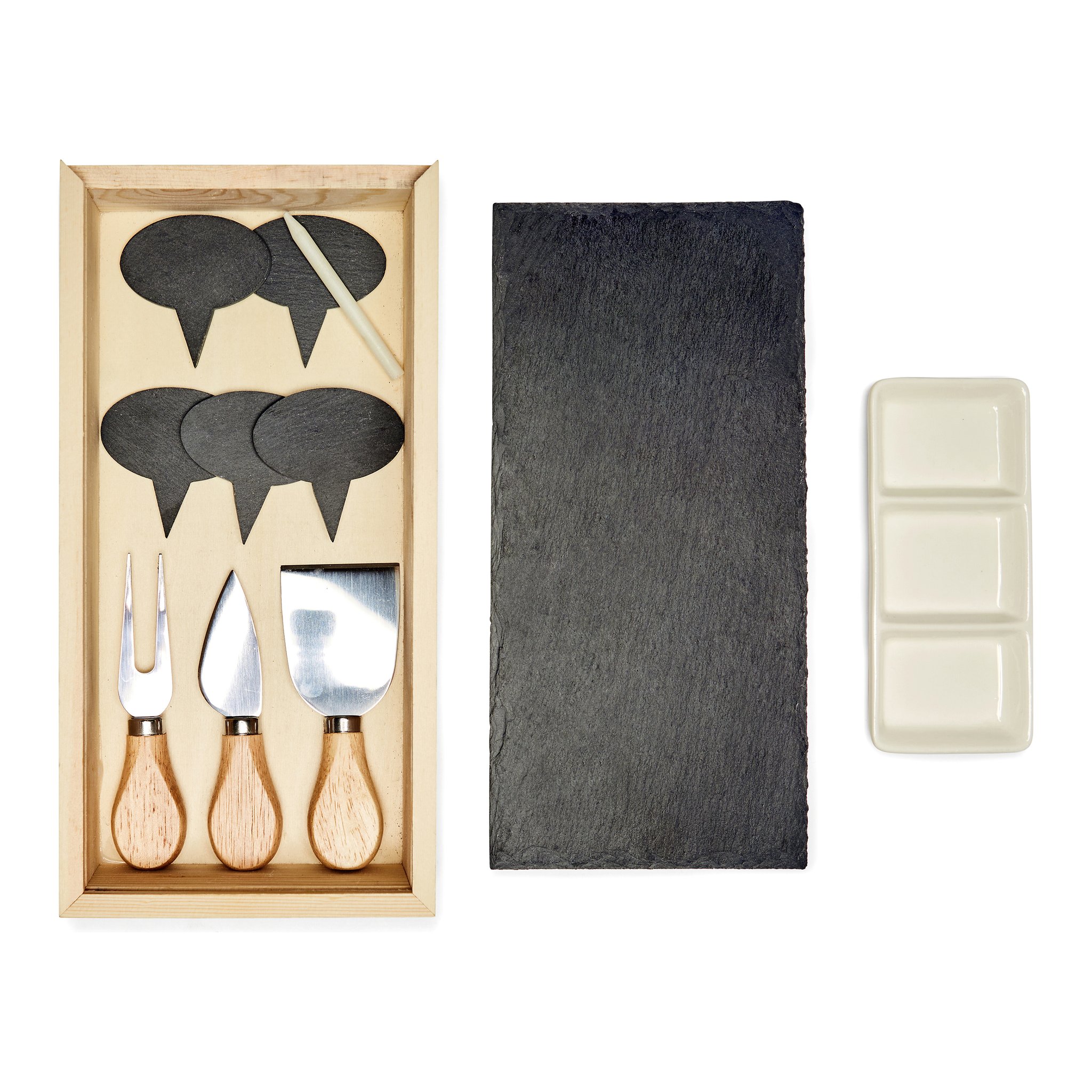 Set-Inhalt in der Holzbox: Schieferplatte, drei Messer, Schilder und Schälchen