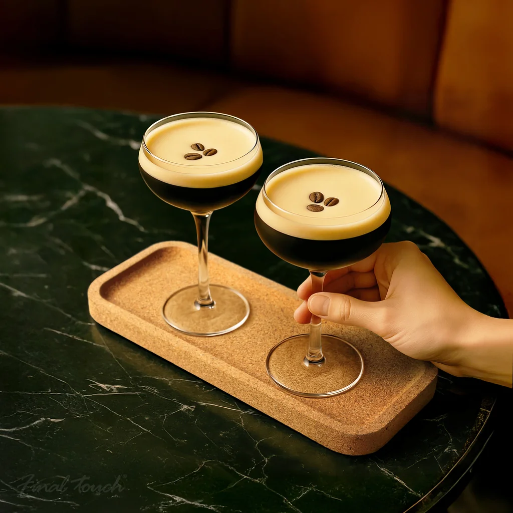 Espresso Martini Glas-Set mit zwei Glaesern und Tablett