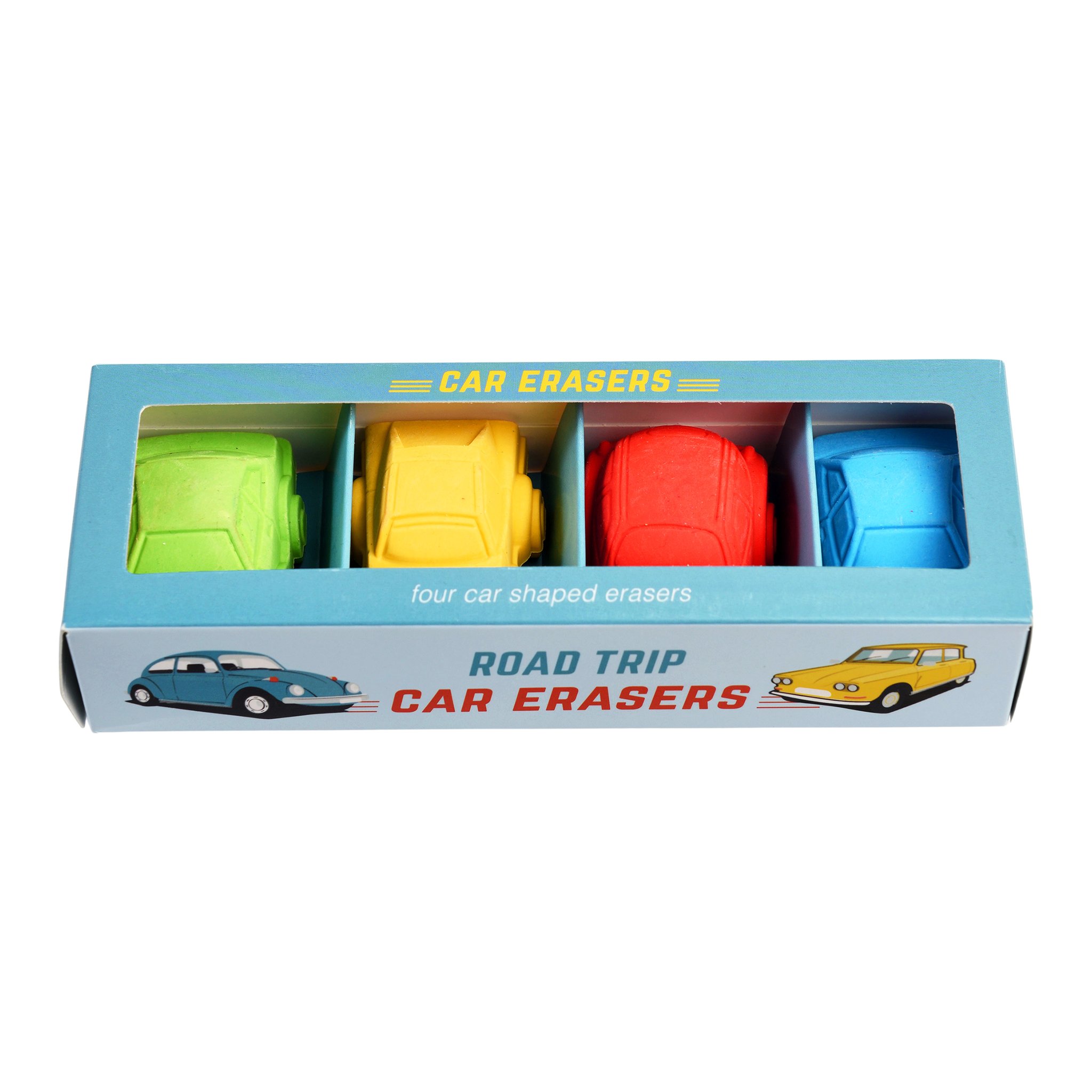 Schachtel «Road Trip Car Erasers» mit den vier Autos im Sichtfenster