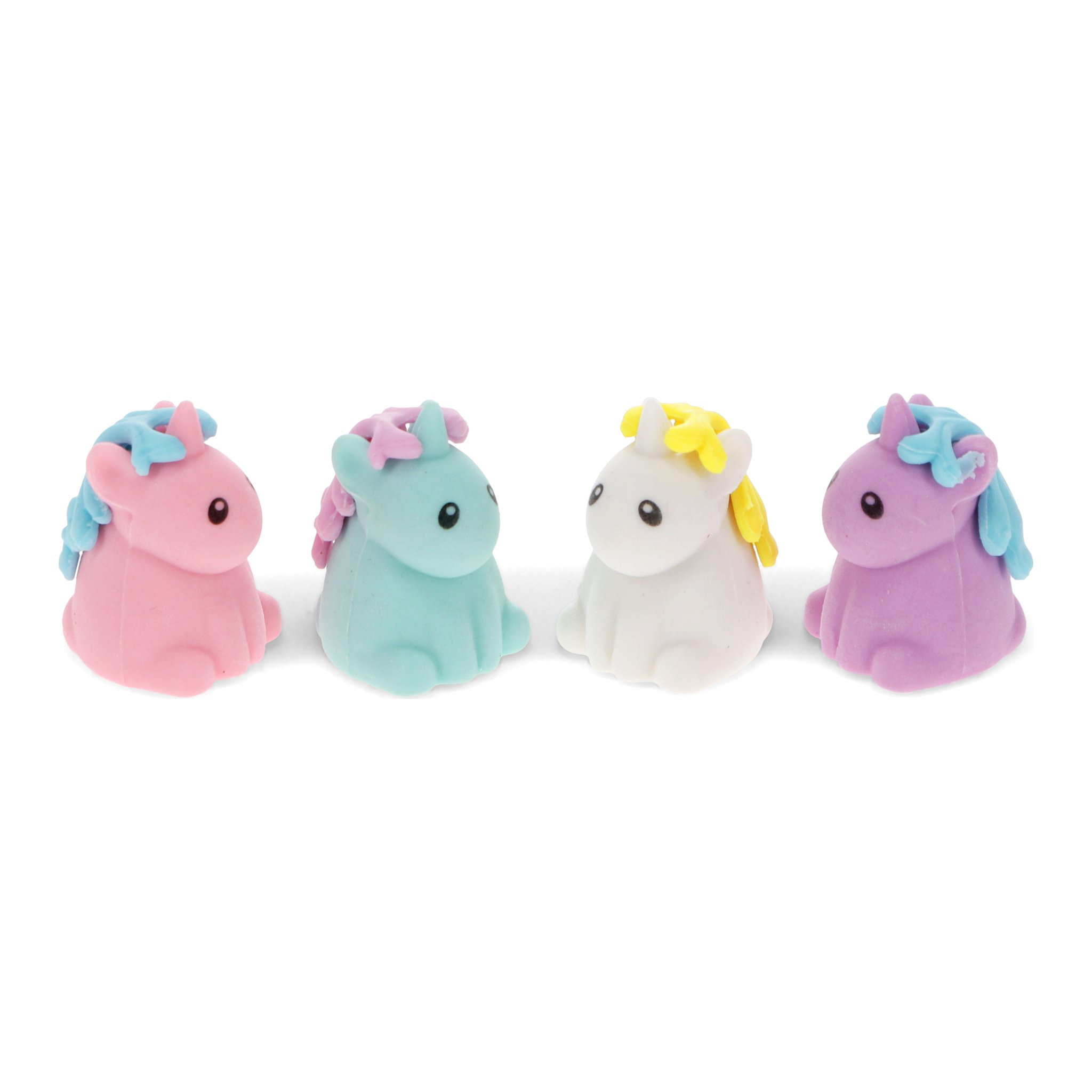 Die vier Einhorn Radiergummis nebeneinander in Rosa, Türkis, Weiss und Lila